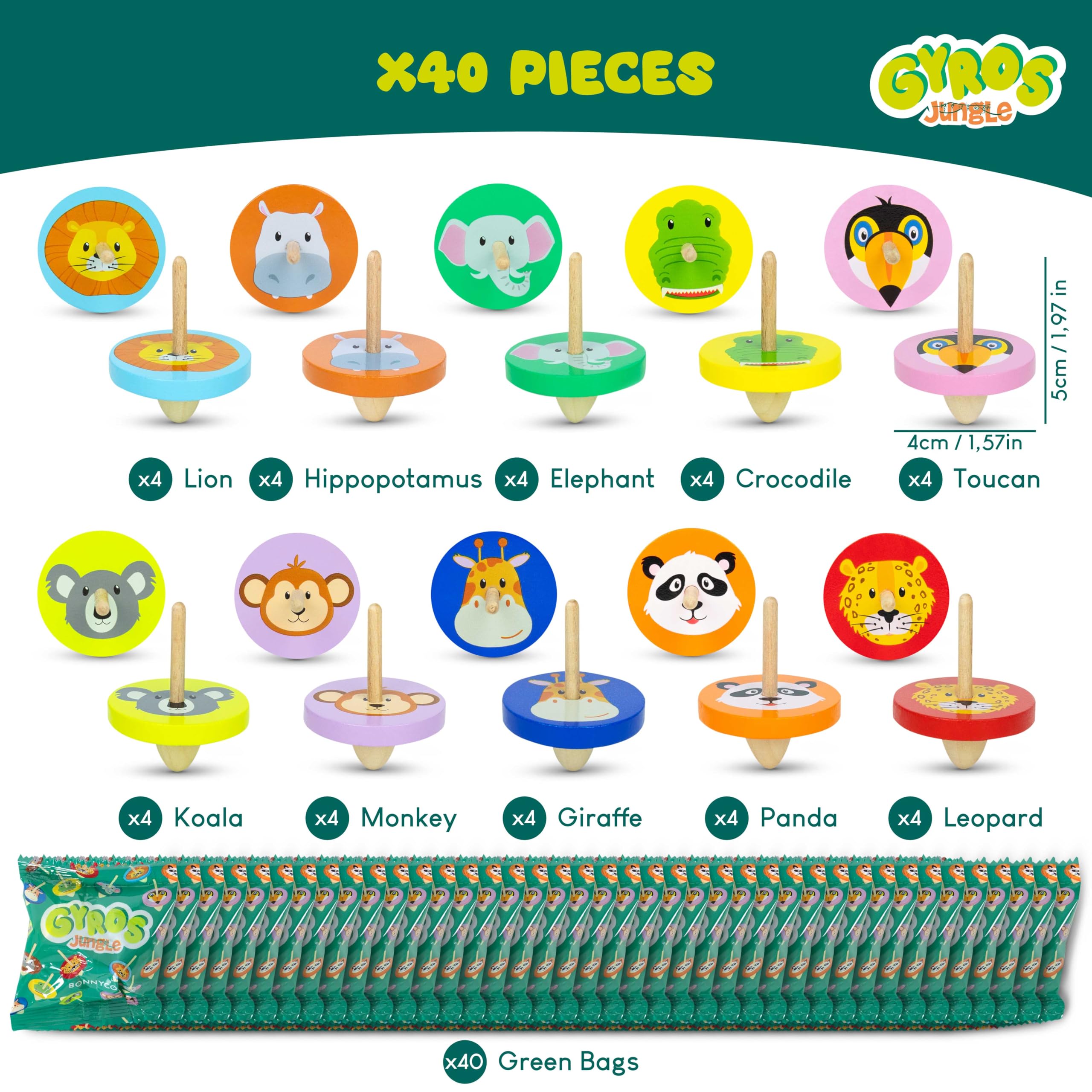 Wooden Spinning Top Animal Party Bag Fillers - 40 Pack for Kids 3+ 5