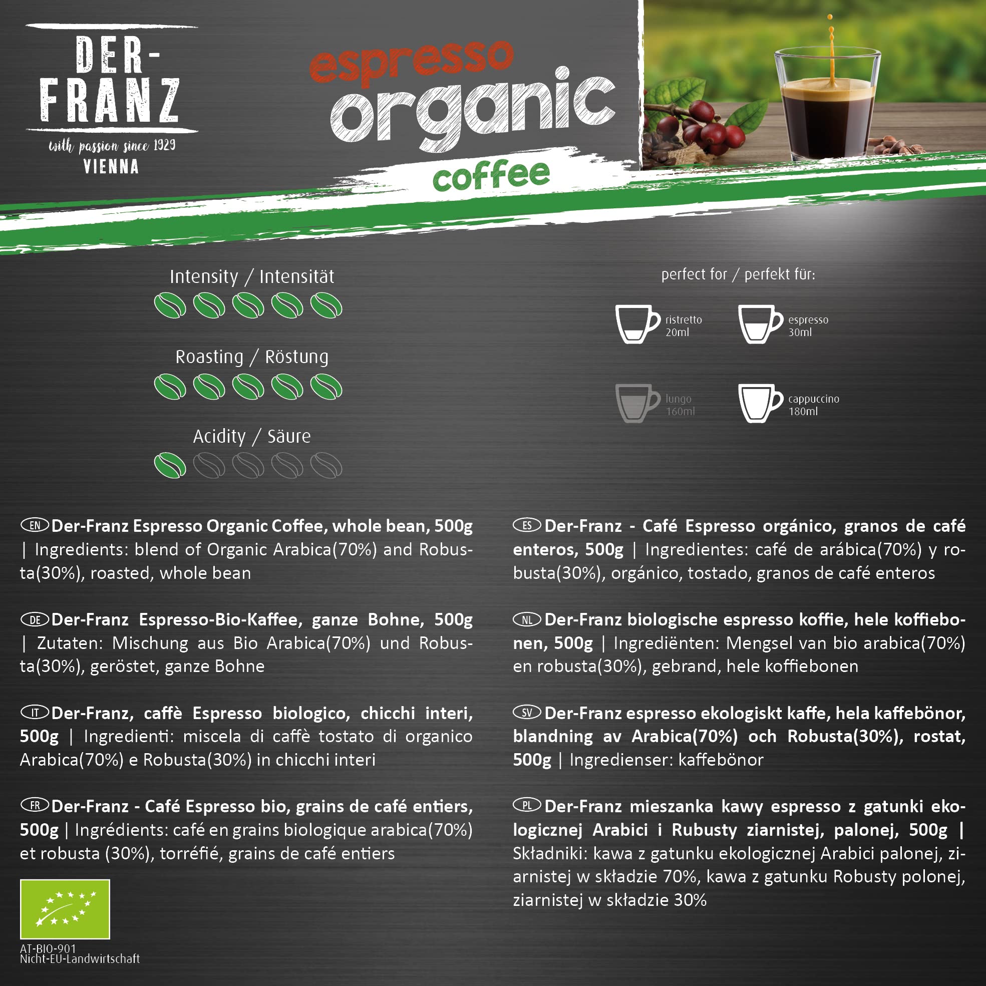 Der-Franz Espresso Organic Coffee, Whole Bean, 3 x 500 g 7