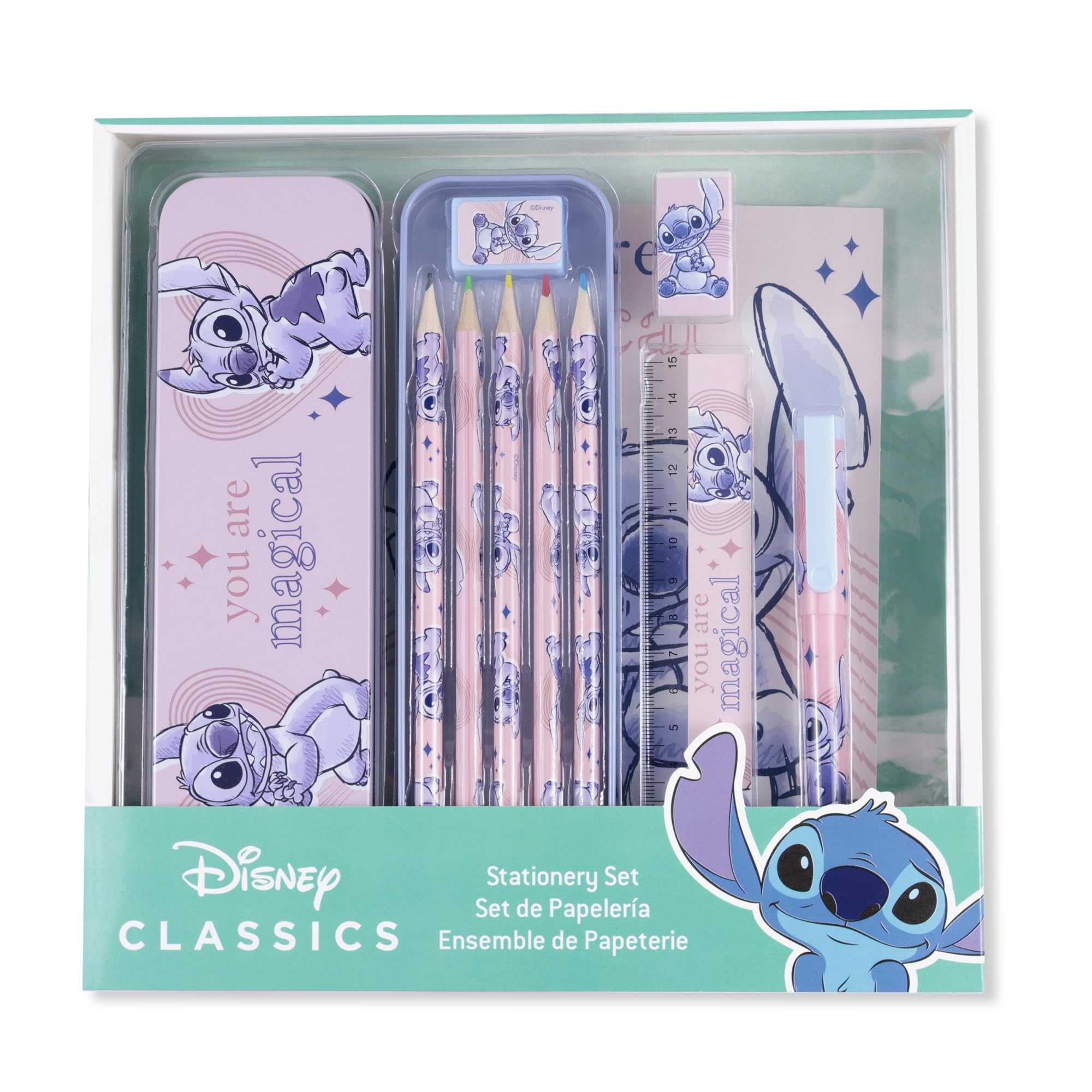 Disney Lilo & Stitch Metal Pencil Case Set with 5 Coloured Pencils and Notebook | Pink 3