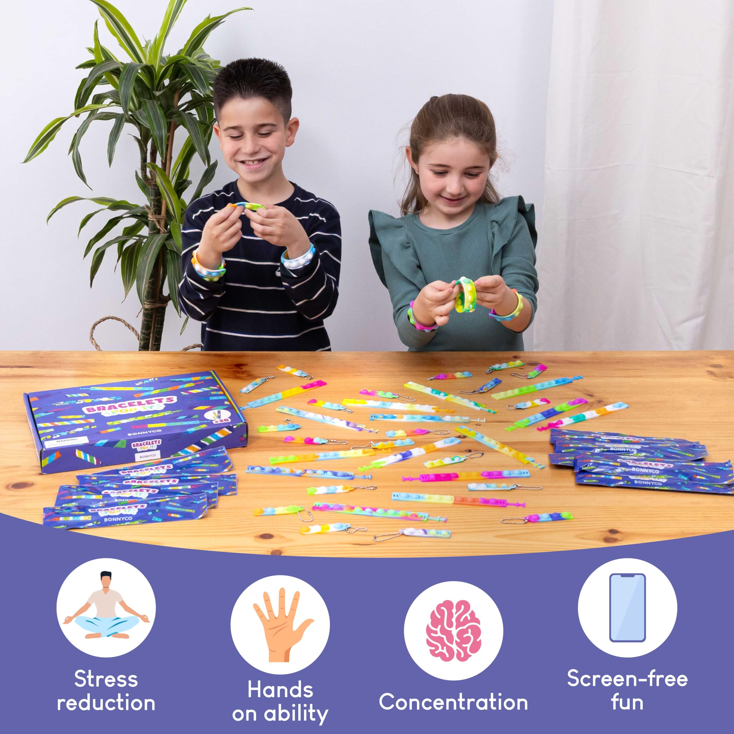 BONNYCO Pop It Bracelet and Keyring Fidget Toys - 30 Pack Matching Sets | 15 Colors | Adjustable 7