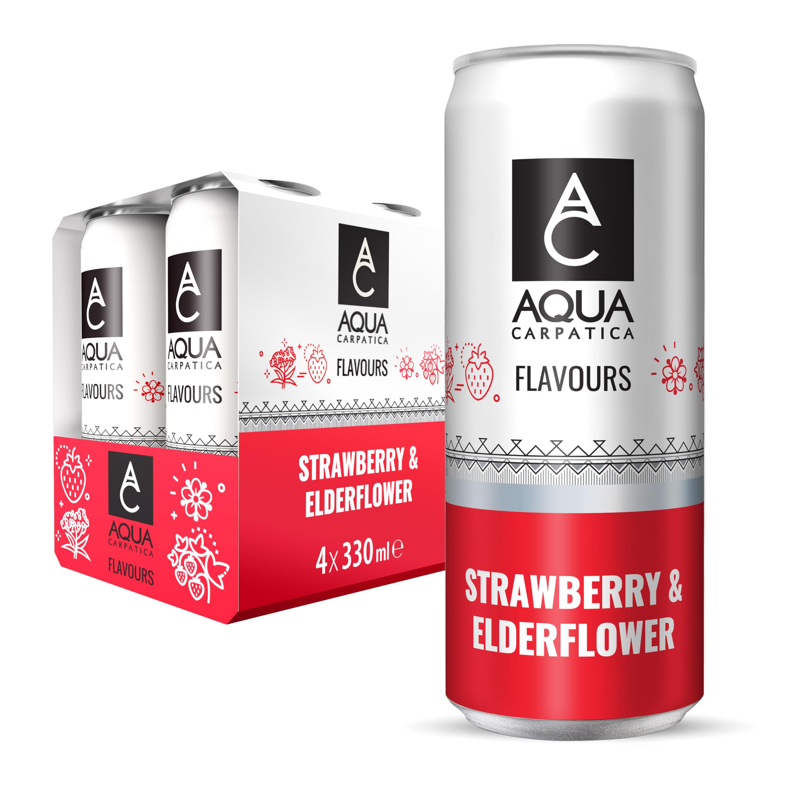 Aqua Carpatica Sparkling Flavours Strawberry & Elderflower - 4 x 330ml Cans | Naturally Flavoured | Agave Sweetened