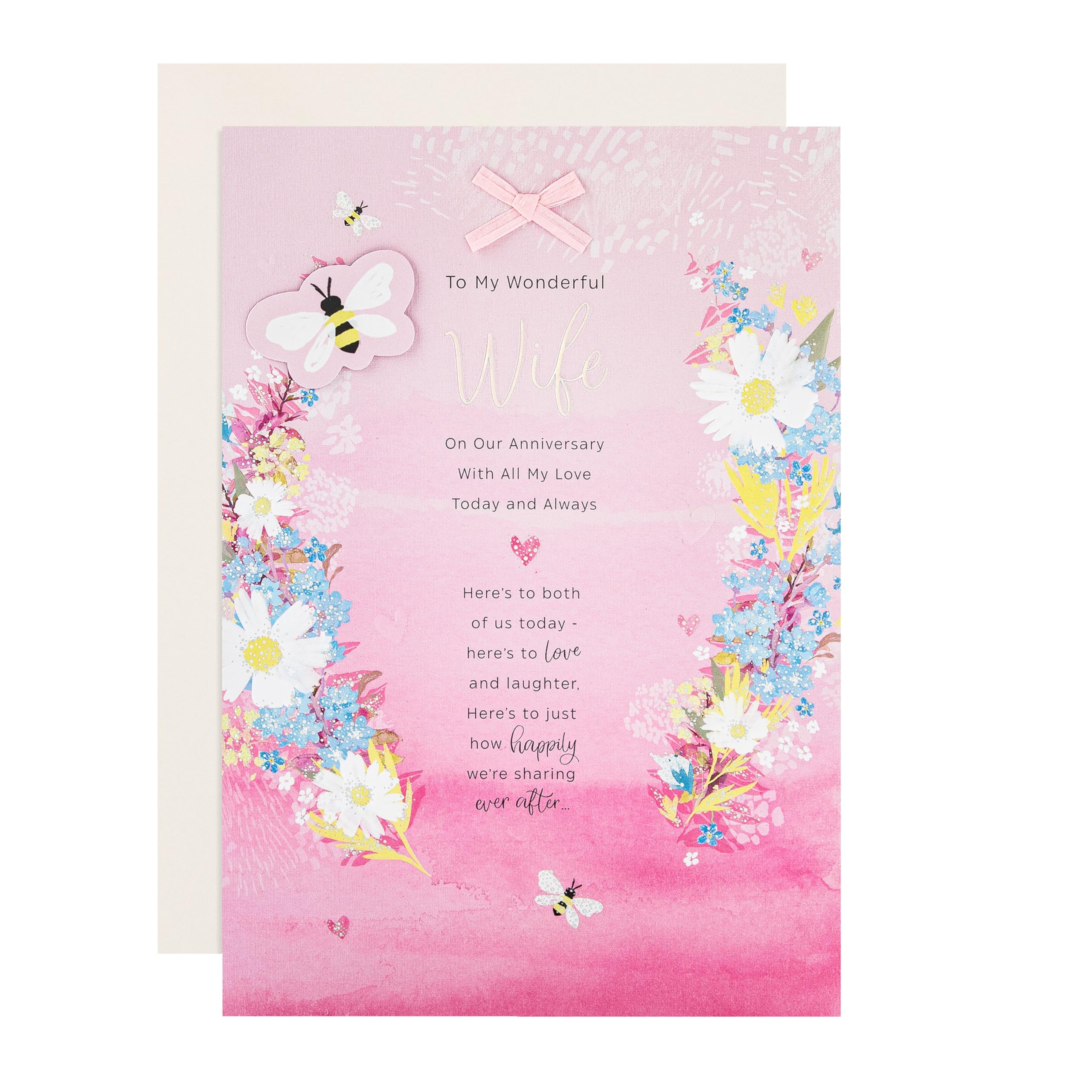 Hallmark Anniversary Card for Wife - Pink Florals Design with Raffia Bow & Foil Accents 1