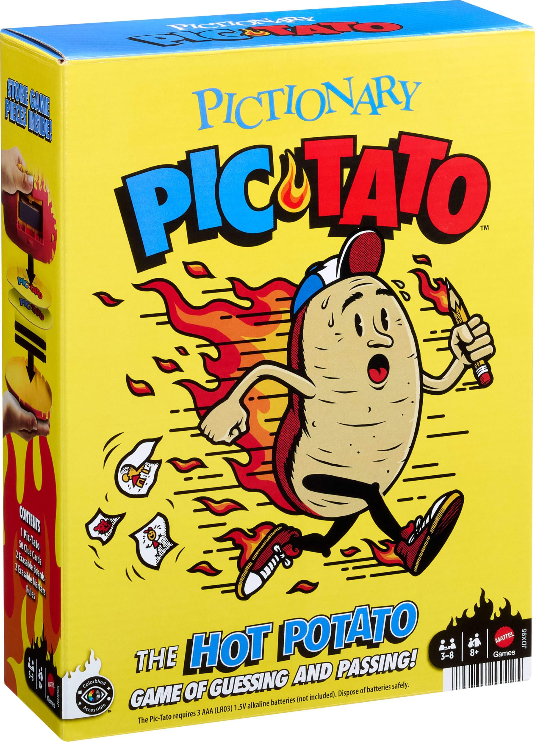 Mattel Games Pictionary Pic-Tato Heiße-Kartoffel-Spiel, Familien-Zeichenspiel mit Stimme und Musik, inkl. löschbarer Marker und Tafeln, JDX95
