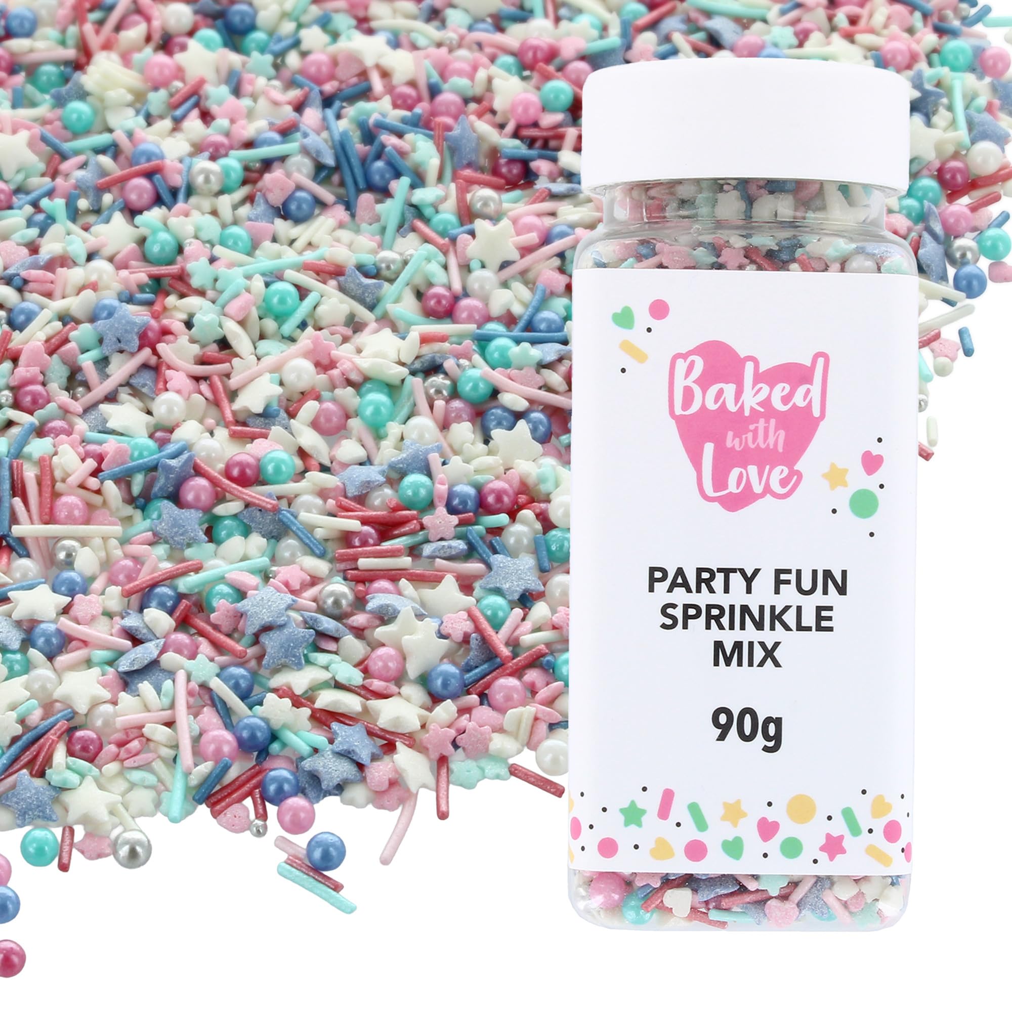Baked with Love - Party Fun Sprinkles Mix | Blue, Pink & White Edible Cake Decorations | 90g Resealable Bottle