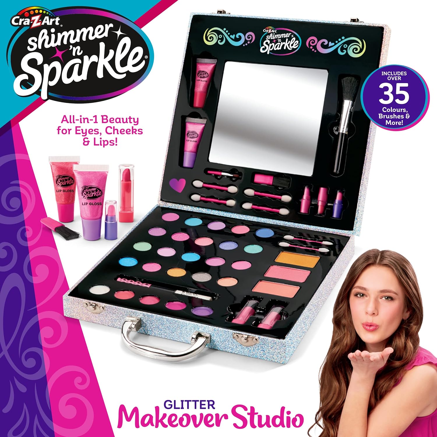 Shimmer 'N Sparkle Glitter Makeover Studio Kids Makeup Set for Girls (35+ Piece Real Makeup Playset) 4