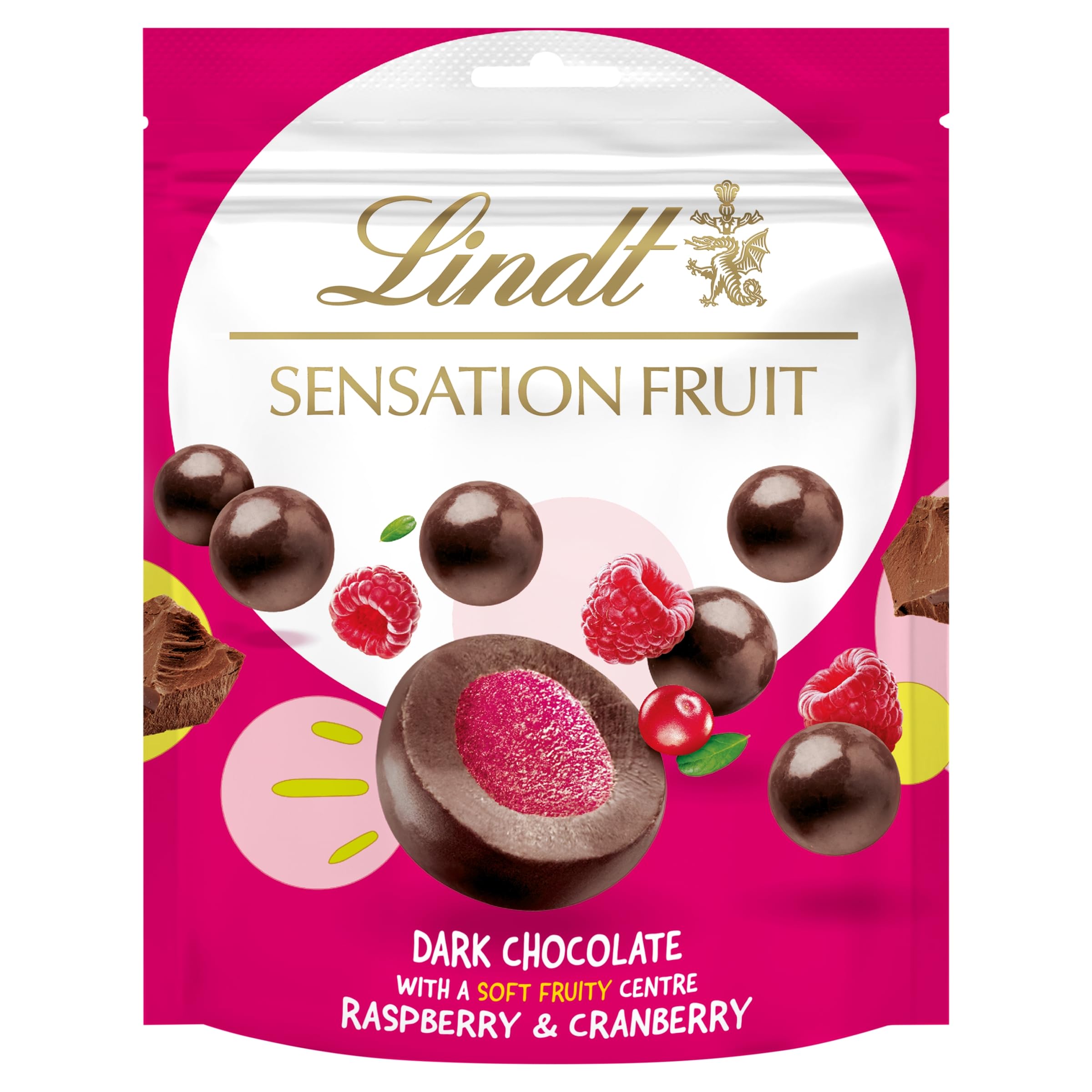 Lindt Fruit Sensation Himbeere und Cranberry Zartbitterschokolade Beutel 150g