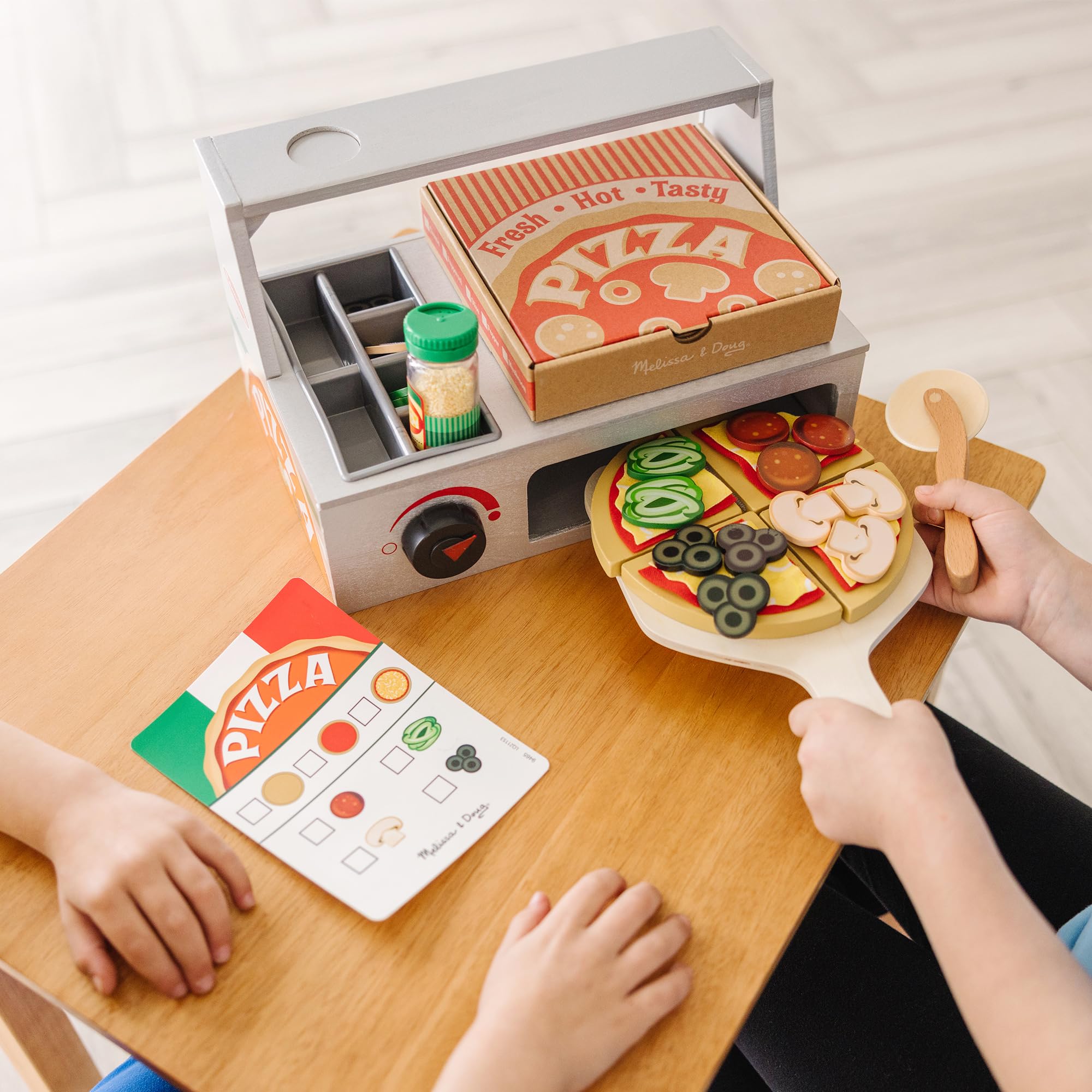 Melissa & Doug Wooden Play Food Set - 34 Piece Pizza Shop Counter & Kitchen Accessories for Ages 3+