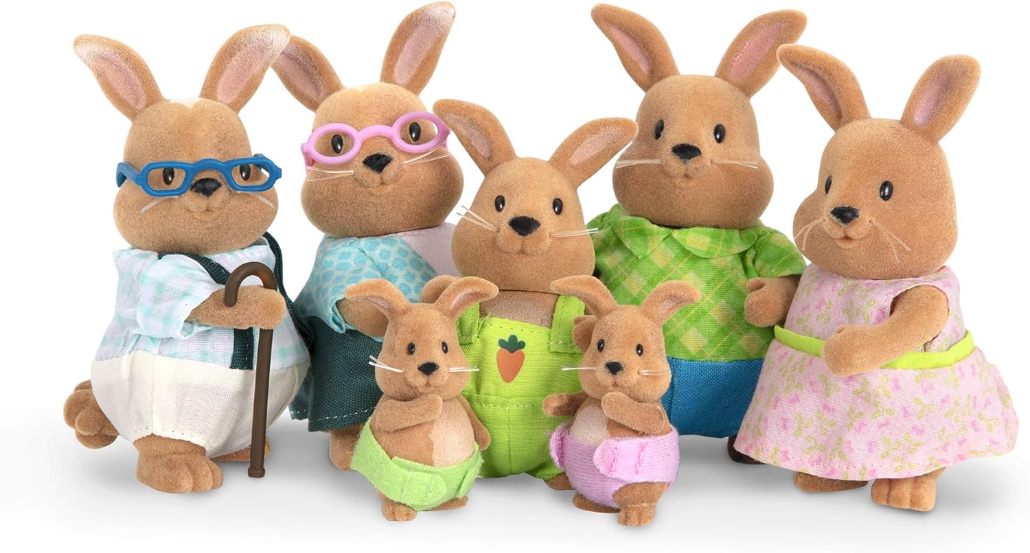 Li'l Woodzeez Cottonball Rabbit Family - 7-Piece Movable Figurine Set with Interchangeable Outfits