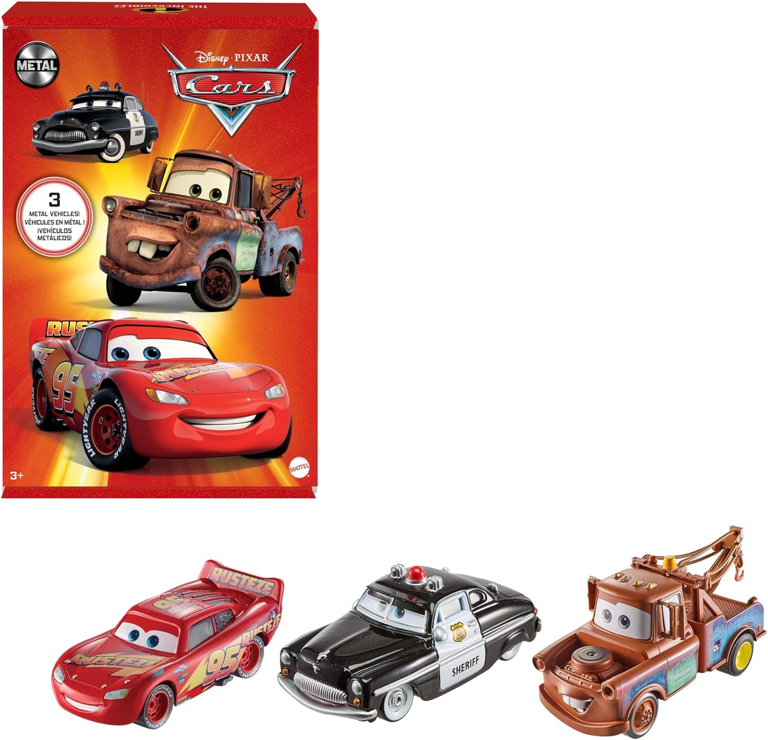 Disney Pixar Cars Radiator Springs 3-Pack with Lightning McQueen, Mater & Sheriff - Die-Cast Vehicle Playset for Kids