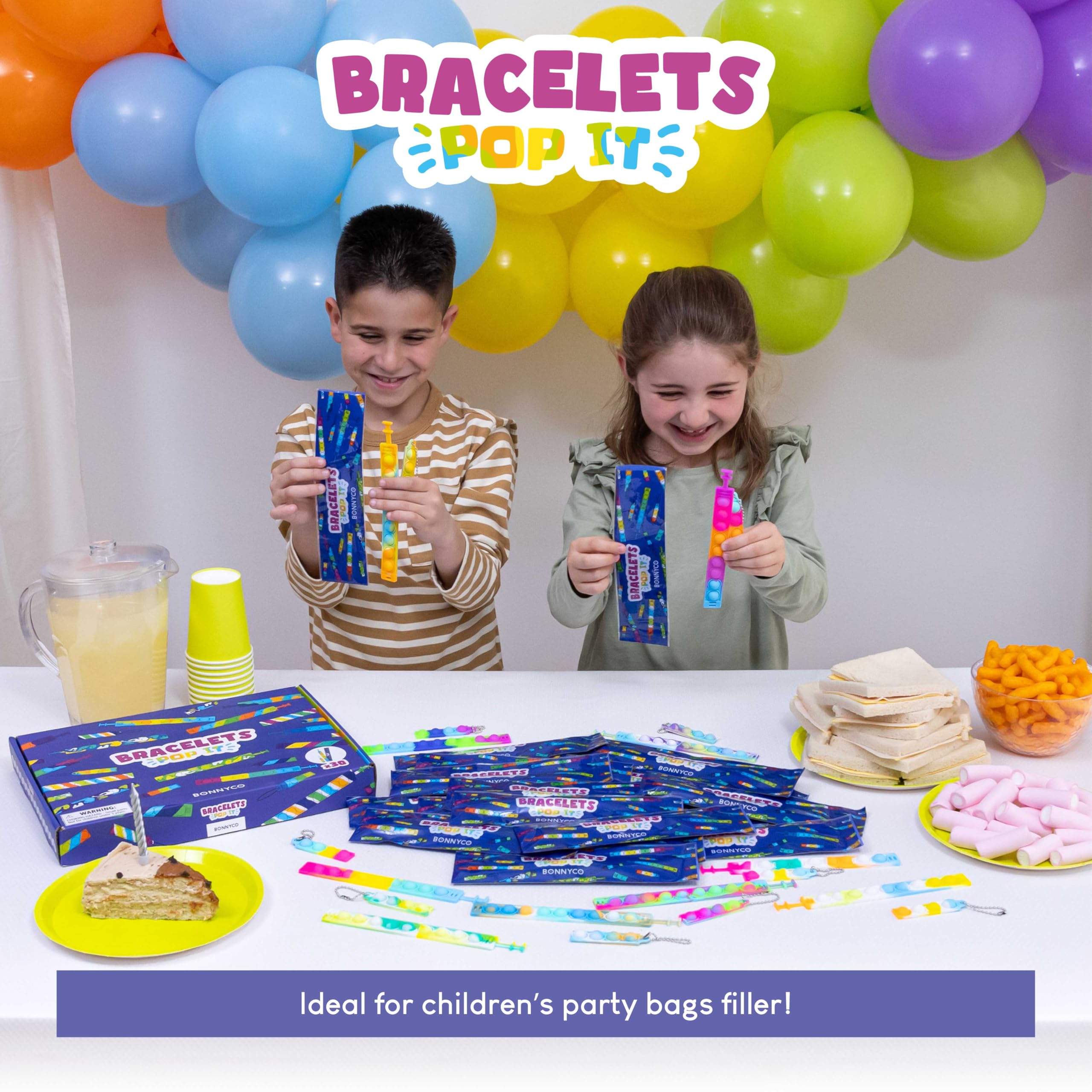 BONNYCO Pop It Bracelet and Keyring Fidget Toys - 30 Pack Matching Sets | 15 Colors | Adjustable 9