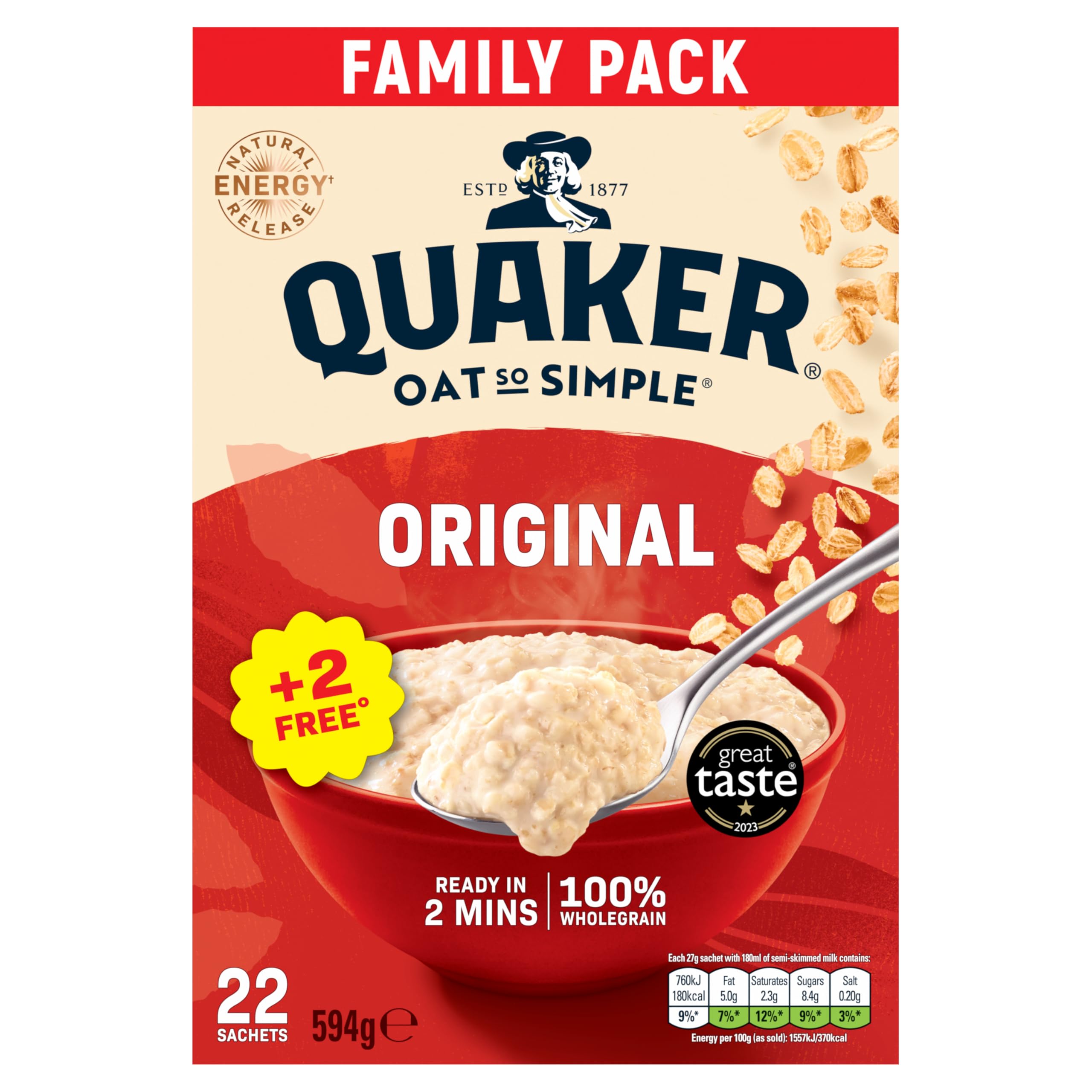 Quaker Original Oat So Simple Family Pack - 100% Whole Grain | Ready in 2 Minutes | 22 Sachets