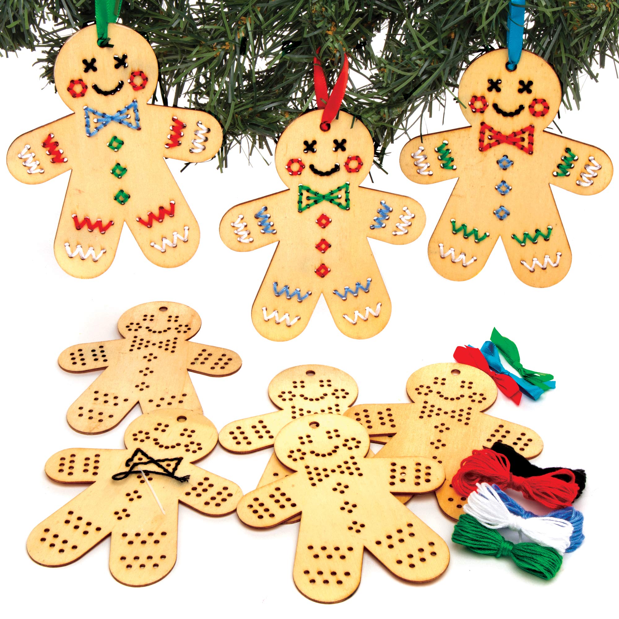 Baker Ross AT187 Gingerbread Wooden Decoration Craft Kit - Educational Sewing Activity for Kids 5