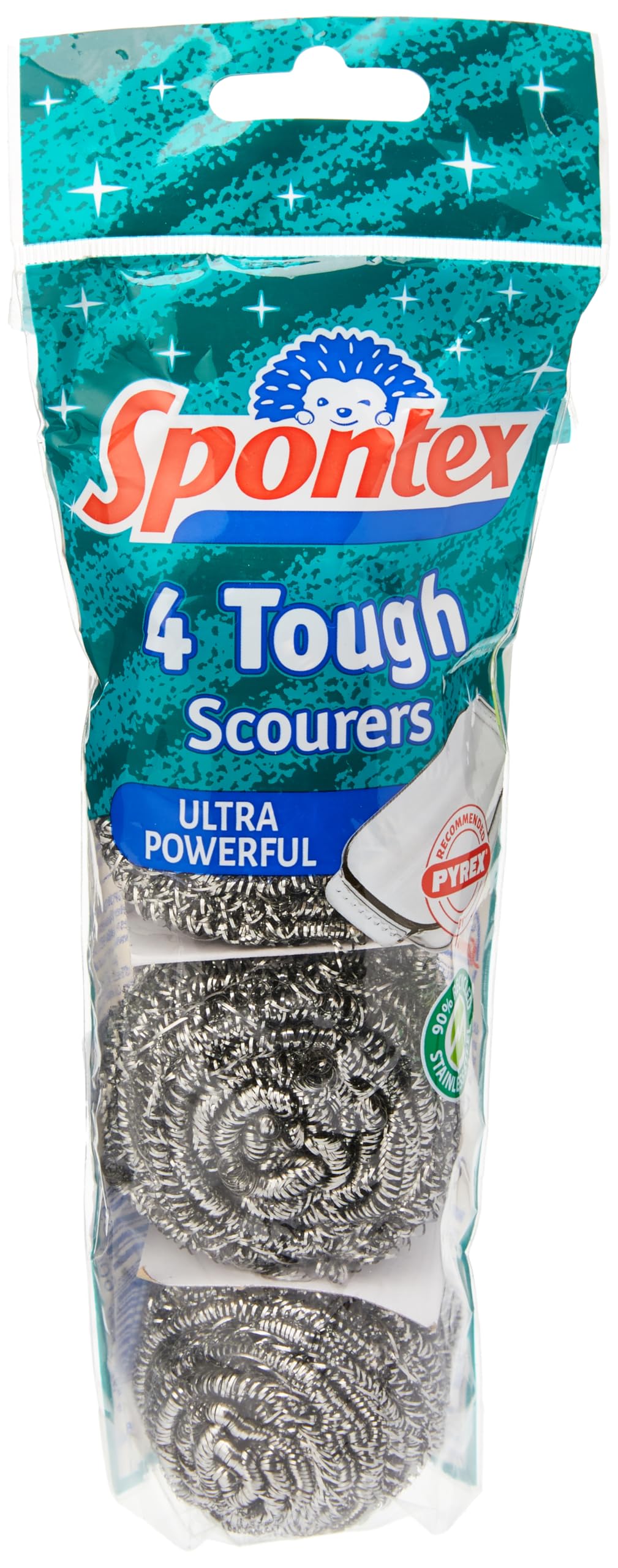 Spontex Tough Steel Metal Scourers - 4 Count | Powerful Cleaning | 90% Recycled Steel