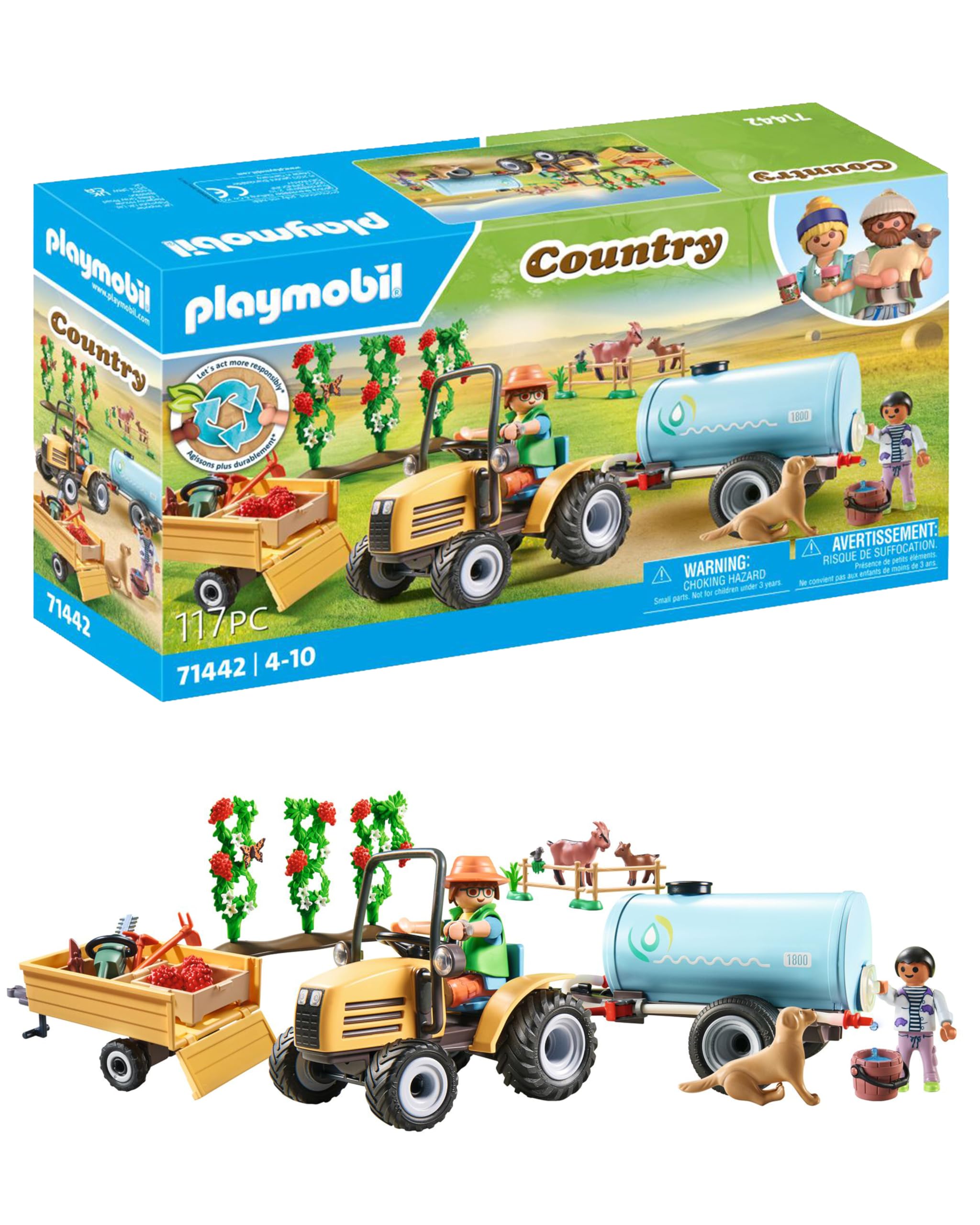 Playmobil 71442 Country Tractor with Trailer and Water Tank Playset - Farm Harvest Adventure for Kids 8
