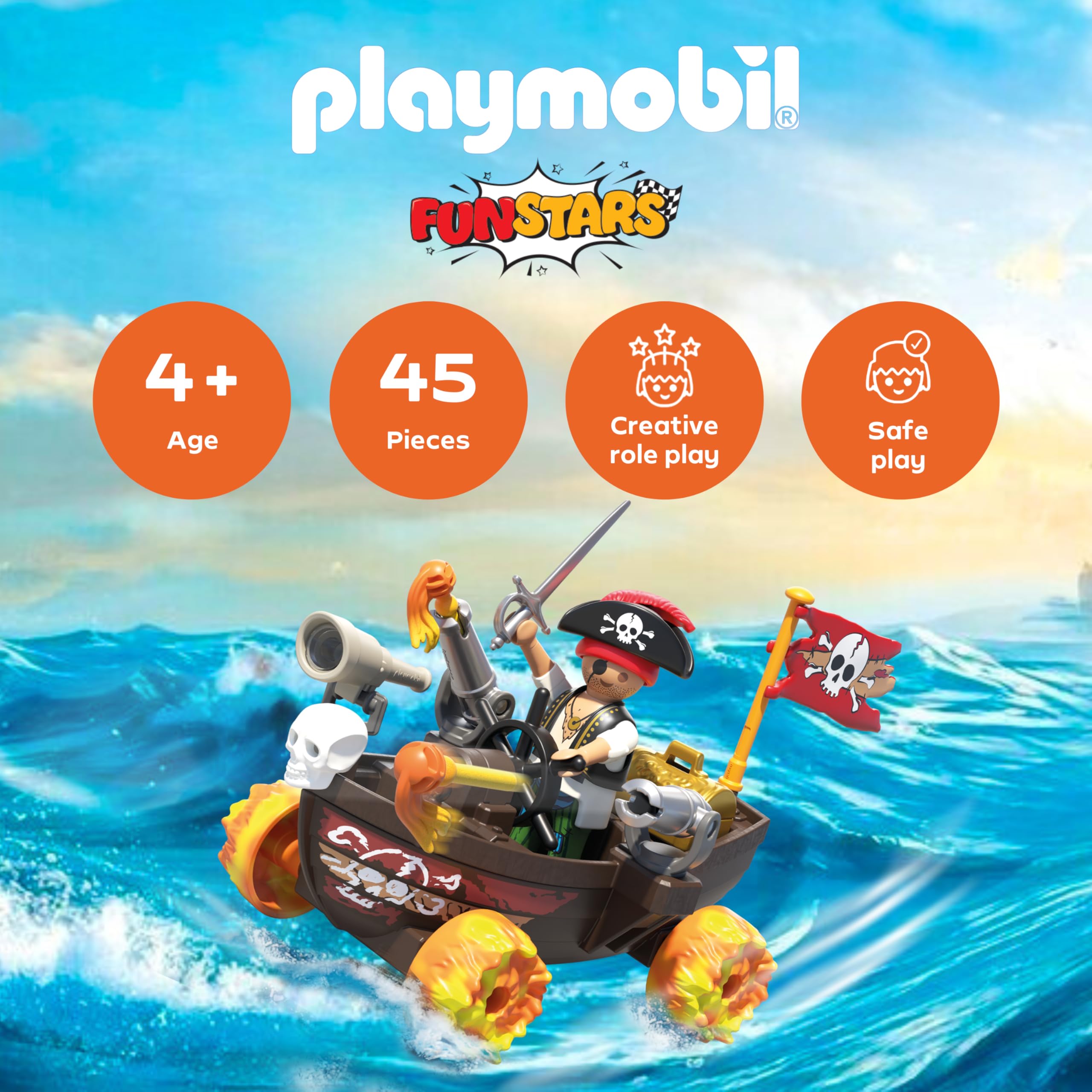 Playmobil Funstars Racing Pirate Boat - Action-Packed Pirate Playset for Kids4+ 5