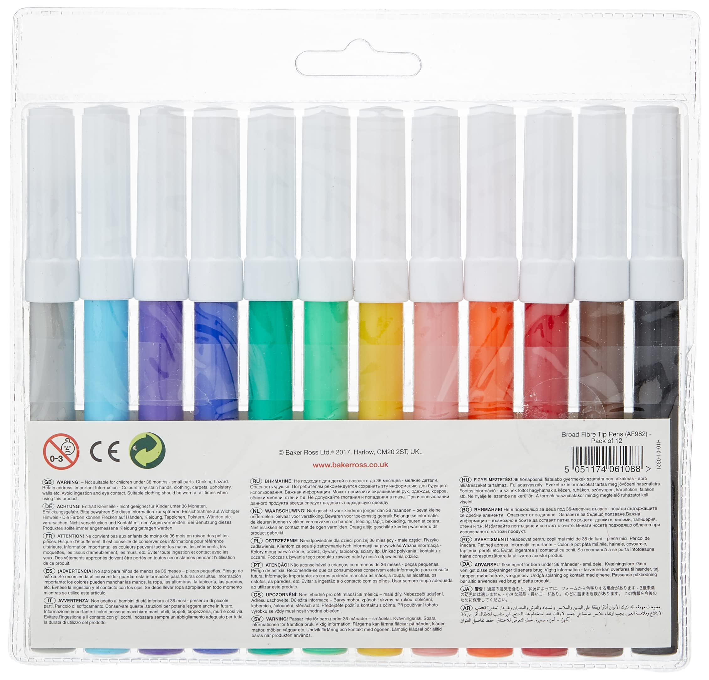 Baker Ross AF962 Broad Tip Marker Pens Value Pack | 12 Assorted Colours | Washable Ink | Age 4+