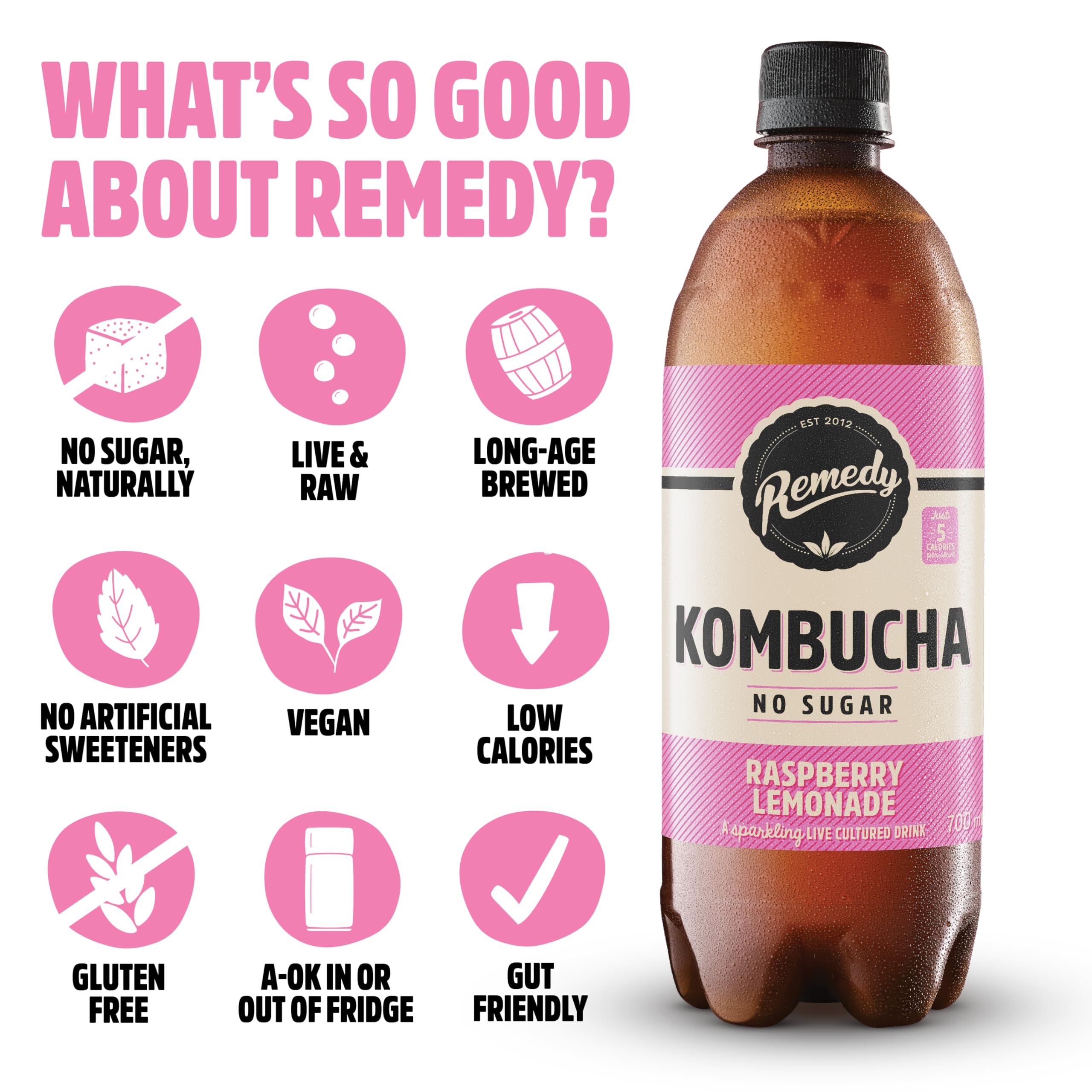 Remedy Kombucha-Tee – Himbeerlimonade – Sprudelnd, lebend kultiviert, natürlich 6