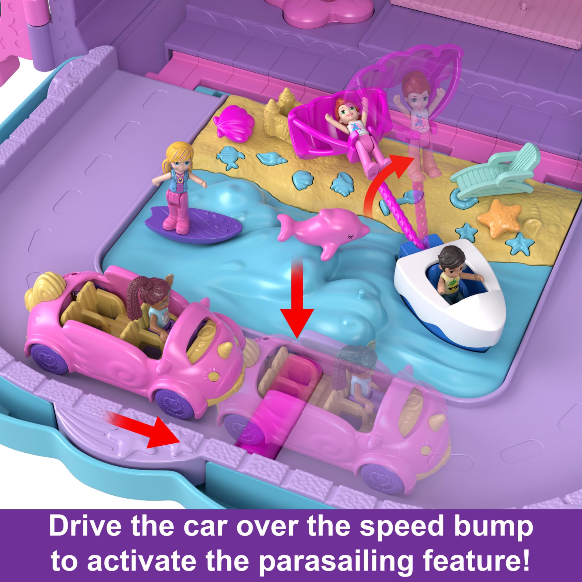 Polly Pocket Pollyville Resort Roll Away Playset - 4 Dolls, 1 Vehicle, 25+ Accessories, Ages 4-10 9