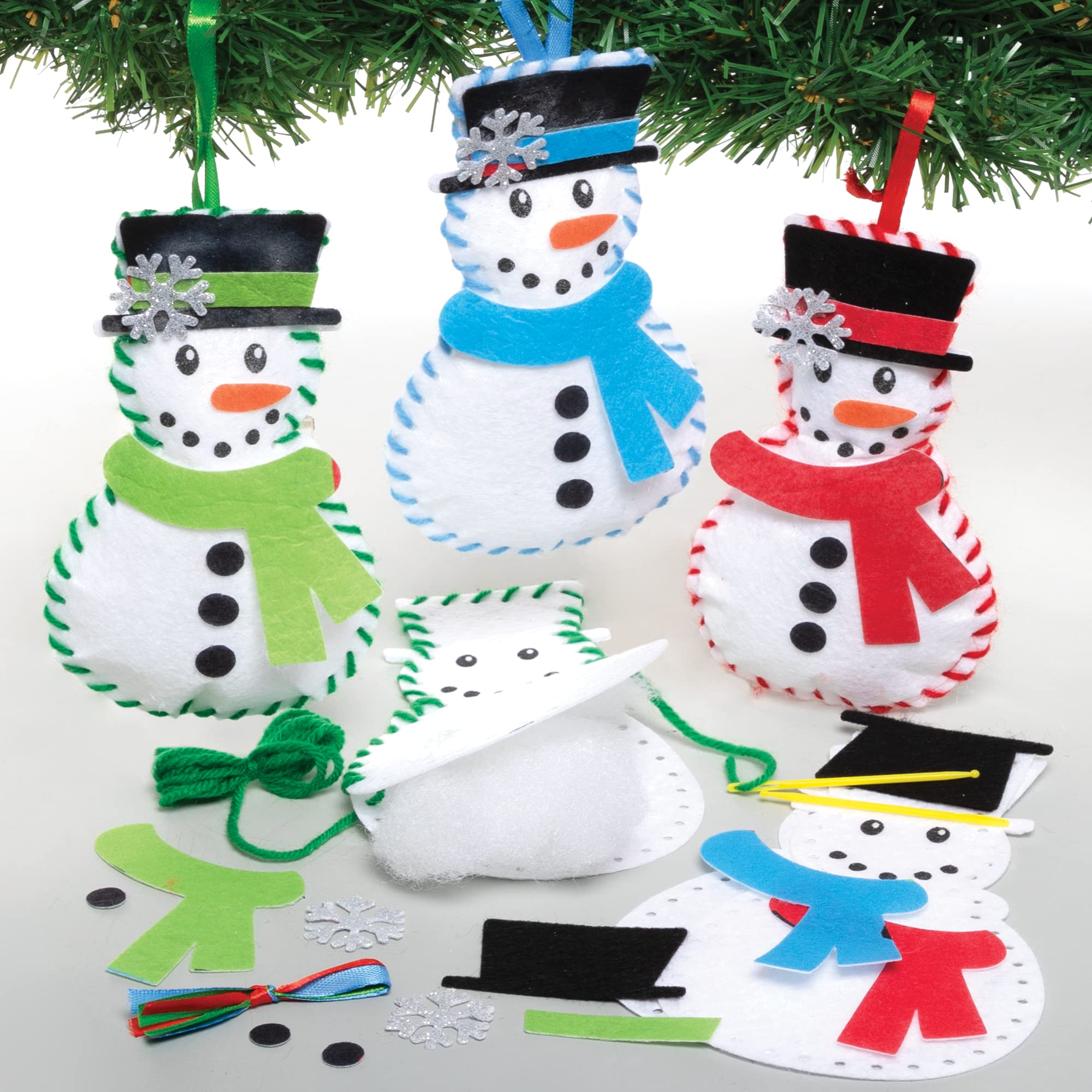 Baker Ross FE949 Snowman Decoration Sewing Kits - Pack of 3, Arts & Crafts Sewing Set for Kids 6