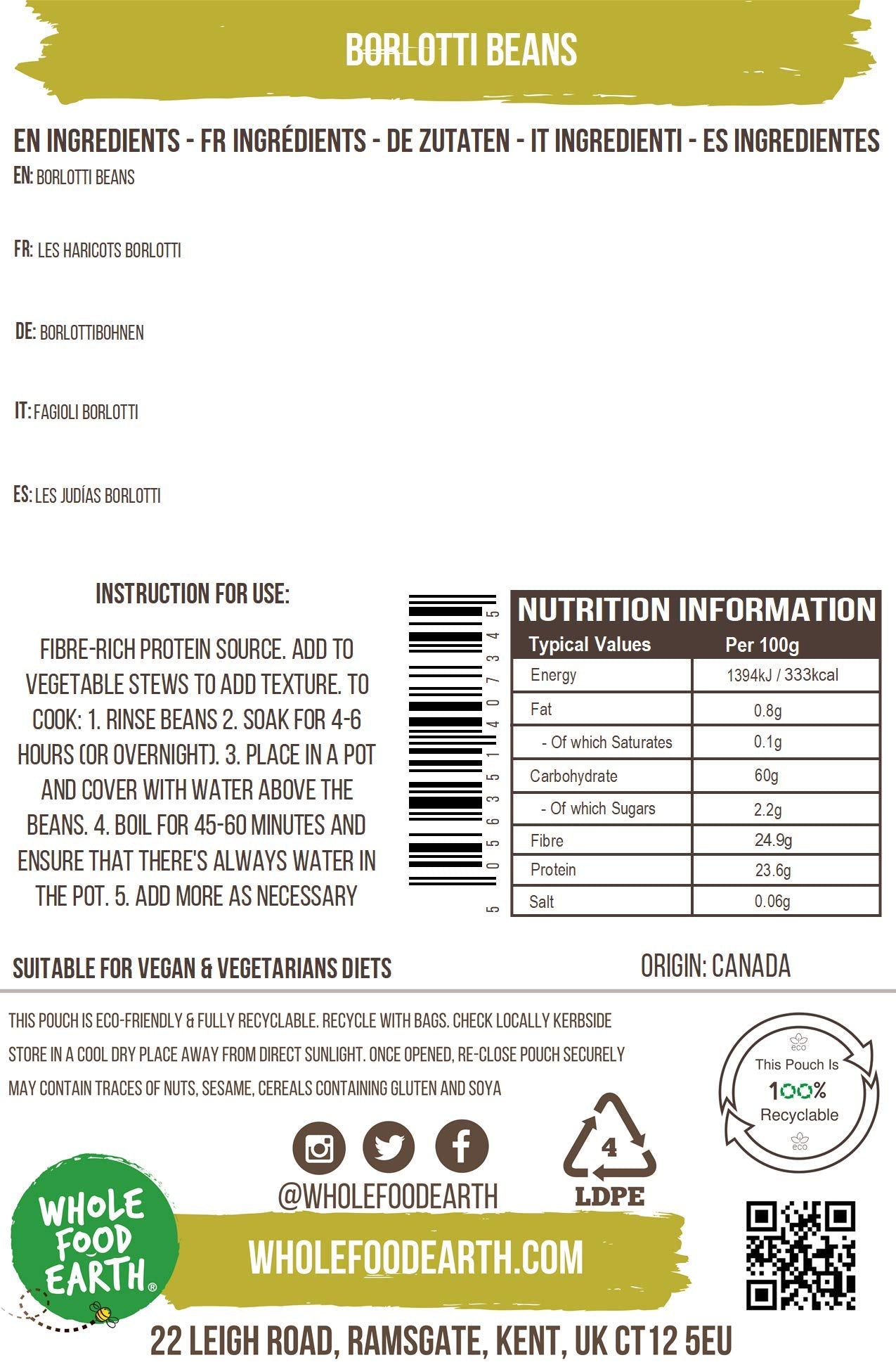 Wholefood Earth Borlotti Beans 1 kg - GMO Free, High Fibre, Natural Pulses 5