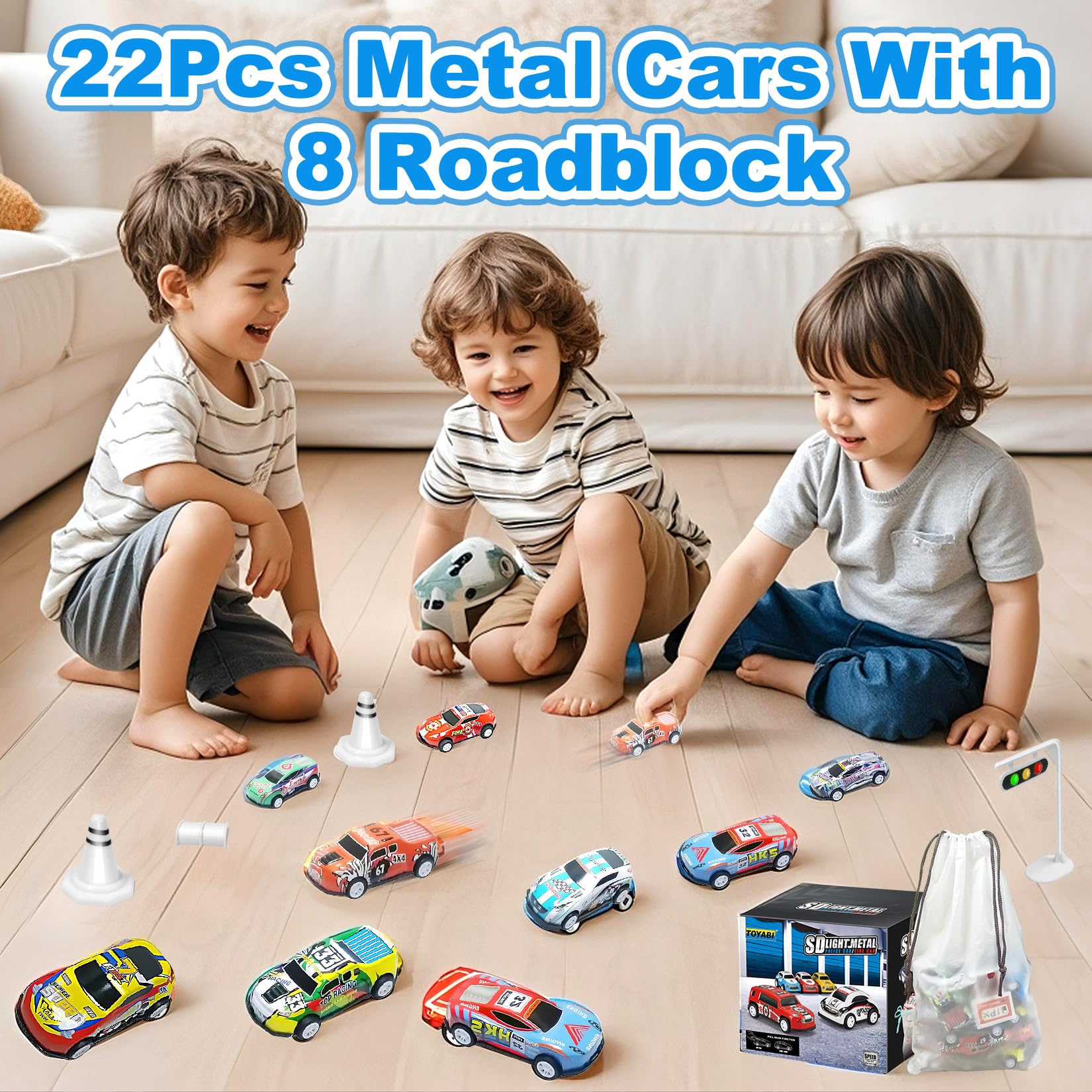 TOYABI Metal Pull Back Race Car Set - 22Pcs Mini Cars with 8 Roadblocks for Kids 3+ 8