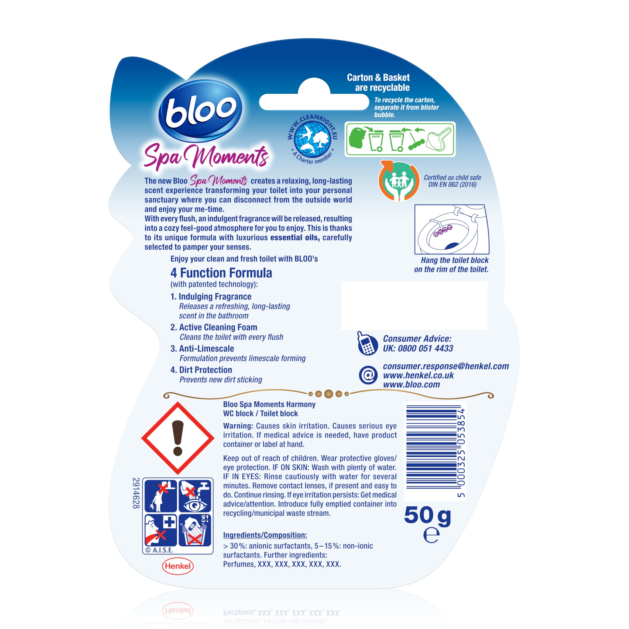 Bloo Spa Moments Harmony Toilet Rim Block Cleaner | 4-Function Formula | Prevents Limescale | 50g
