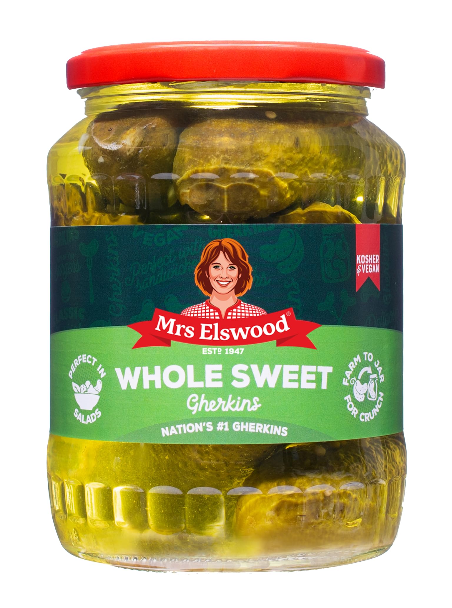 Mrs Elswood Whole Sweet Cucumbers - Pickled Gherkins for Sandwiches & Burgers | 670g Jar