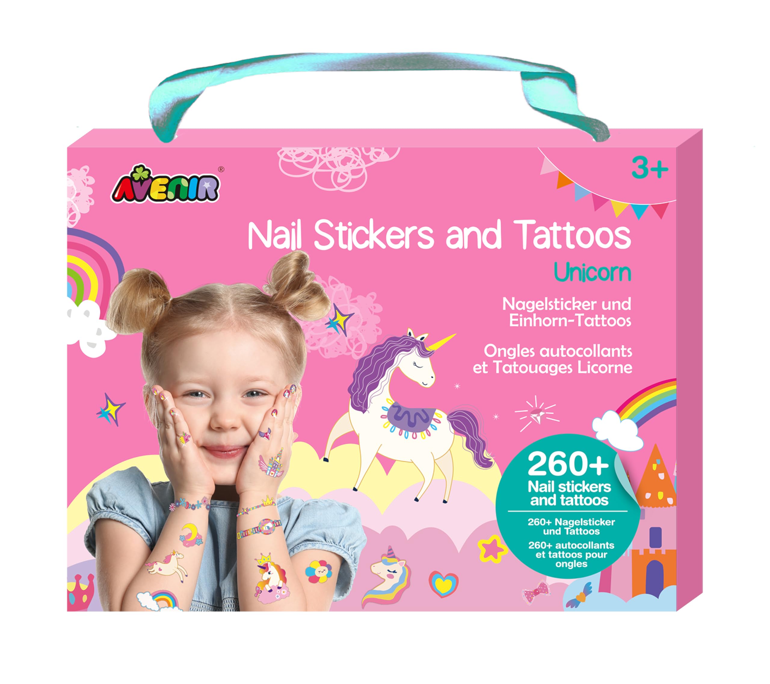 Avenir Unicorn Temporary Tattoos & Nail Stickers Set for Kids Ages 3+ | 260+ Decals