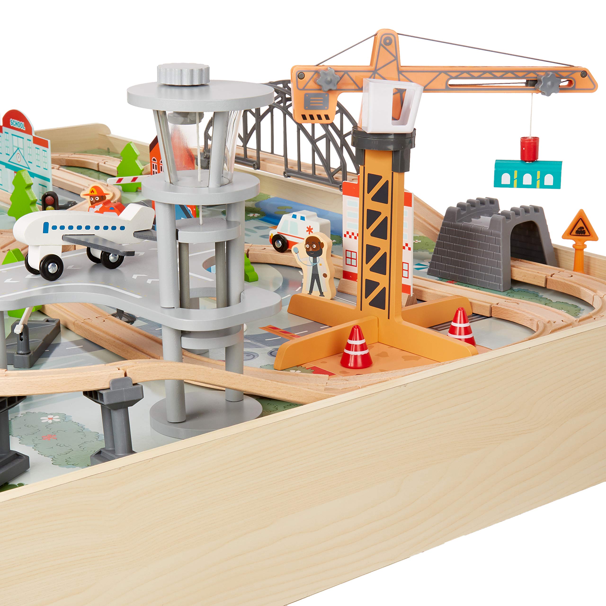 Amazon Basics 120-Piece Wooden Train Set and Table with Interactive Accessories | Multicolor | 120.4 x 85 x 41 cm 5