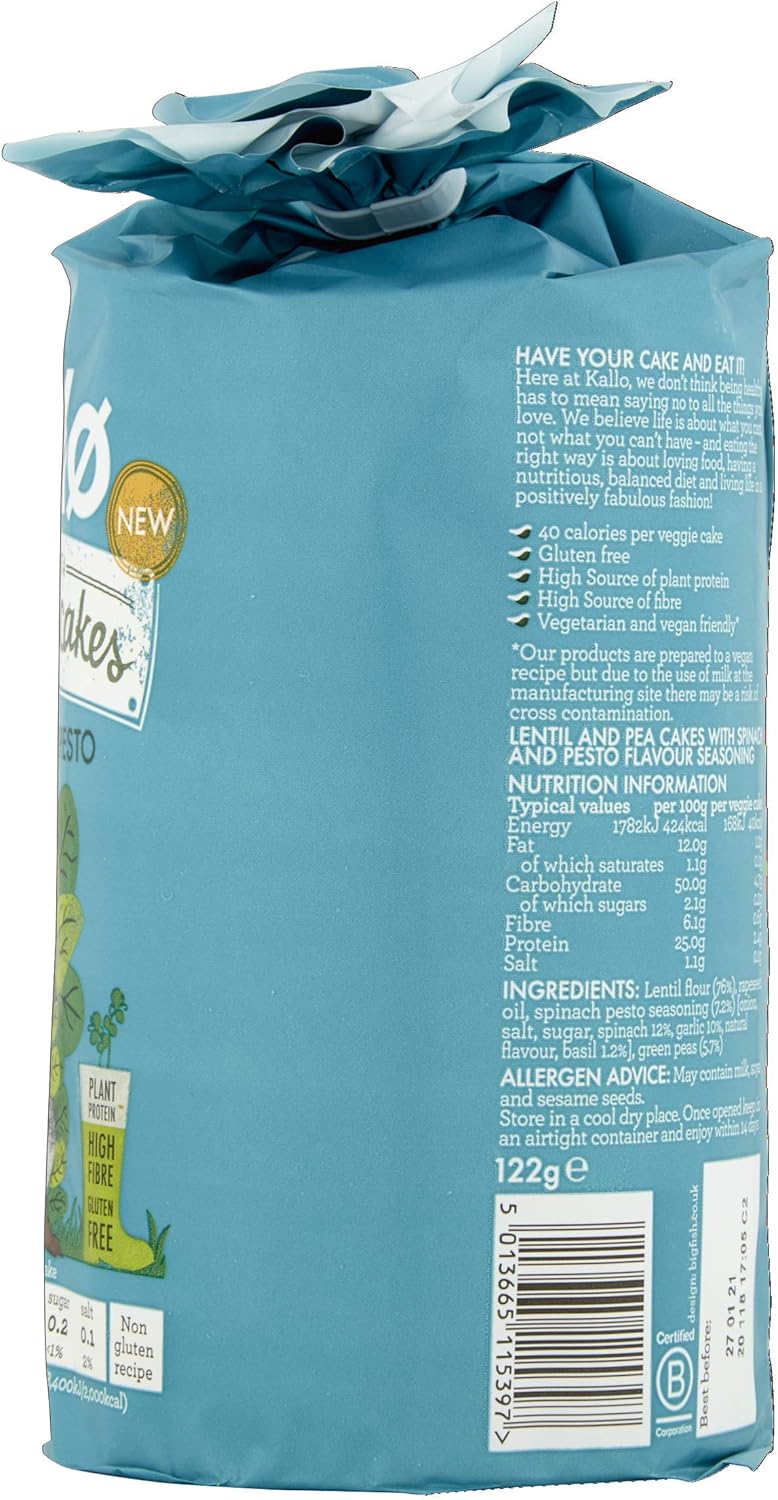 Kallo Spinach & Pesto Veggie Cakes, Lentil & Pea Puffed Crackers Made From Plant 6