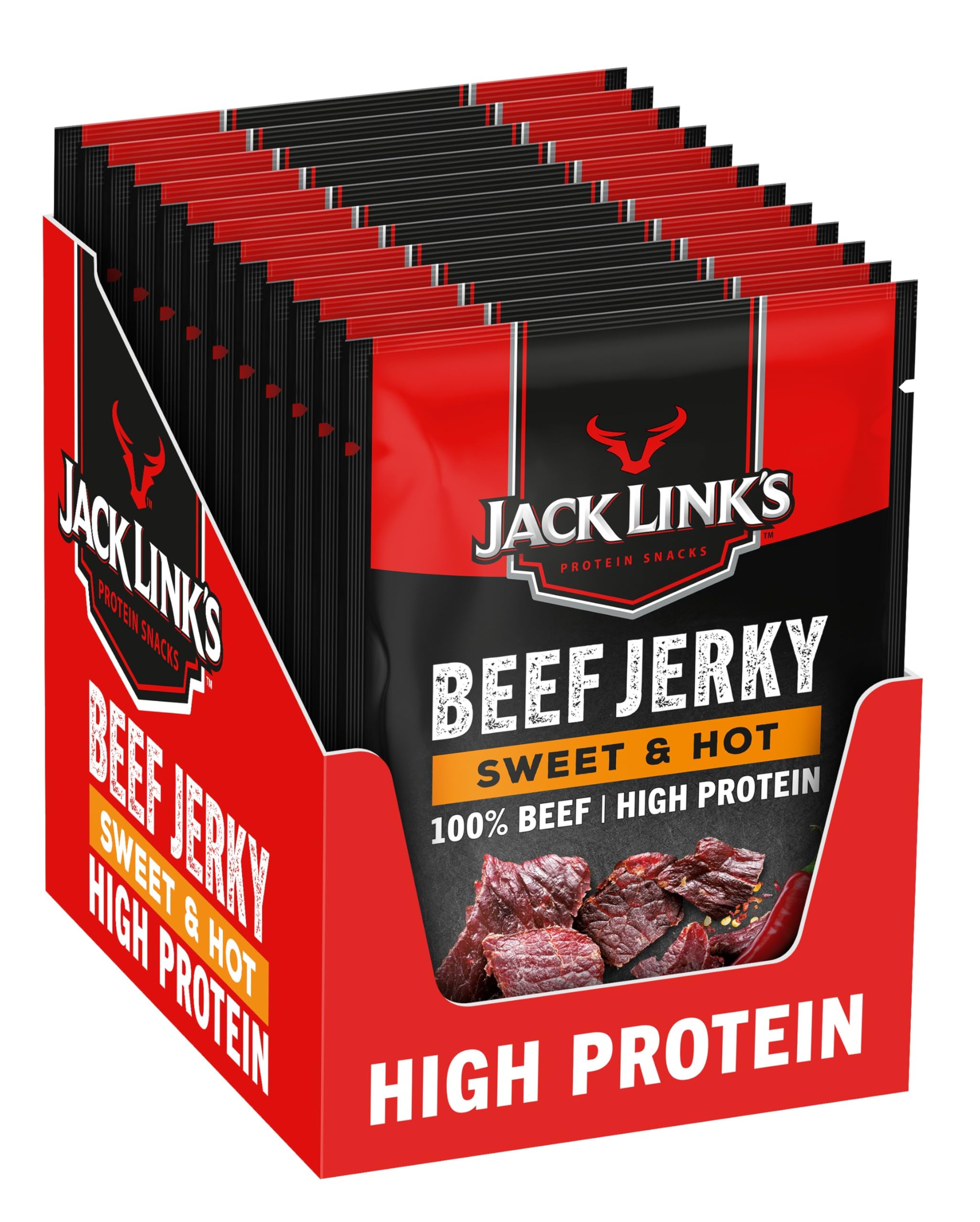 Jack Link's Beef Jerky Sweet & Hot Flavour Multipack of 12 x 25g High Protein Meat Snack