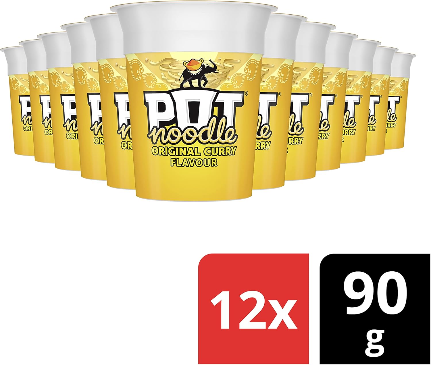 Pot Noodle Original Curry Flavour, 90g Pot, Pack of 12 – Quick Vegetarian Instant Noodles with Mango Chutney Sachet