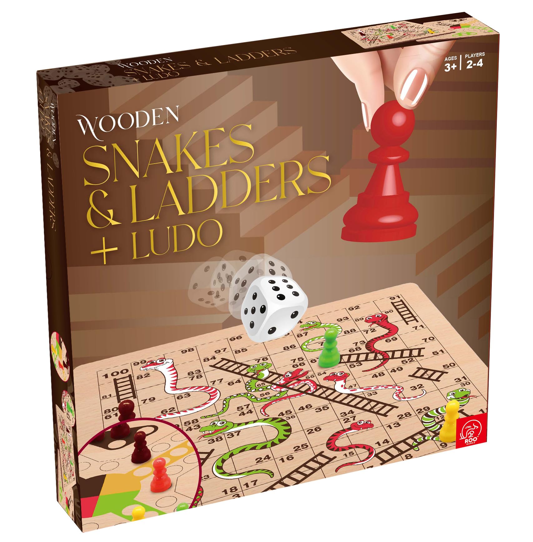 ROO GAMES Wooden Snakes and Ladders + Ludo Board Game - 2-in-1 Classic Family Game | 2-4 Players | Ages 3+ 6