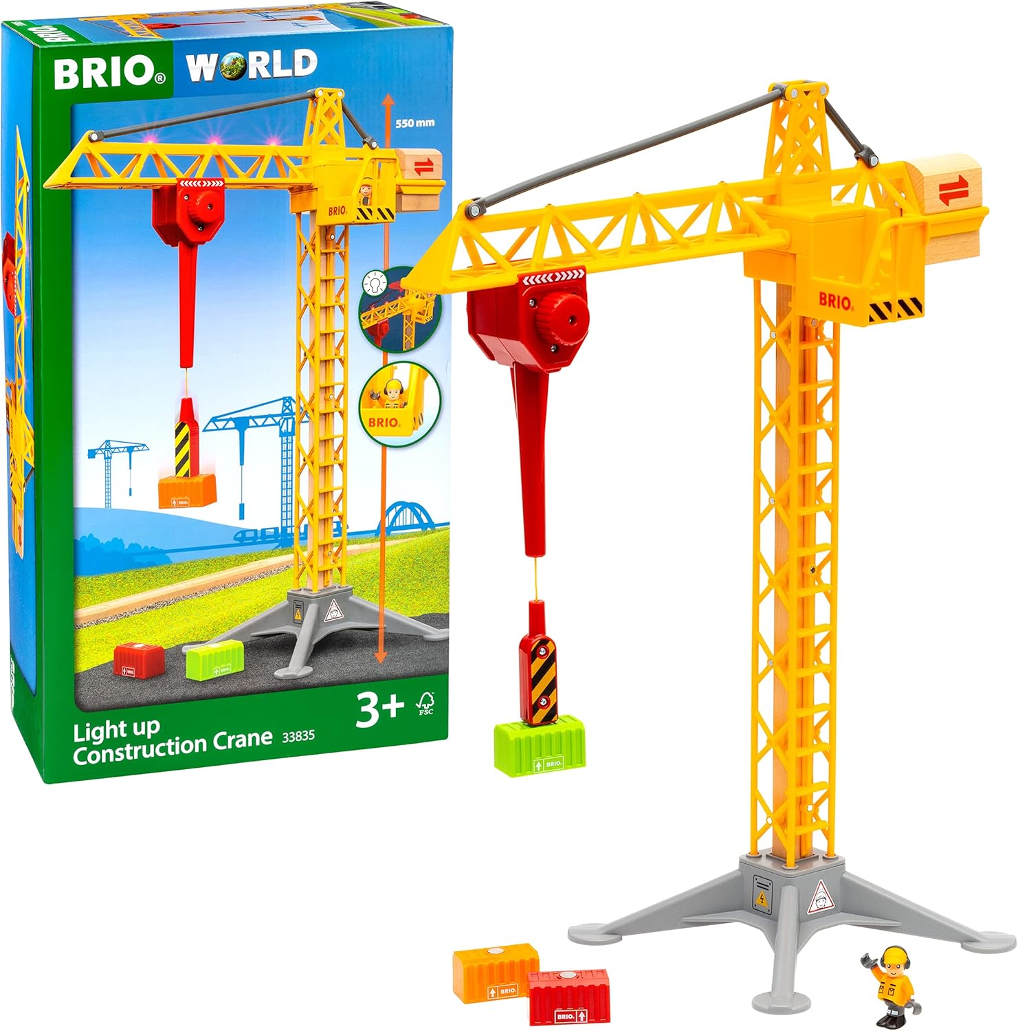 BRIO 33835 Light Up Construction Crane - 360-Degree Rotating Tower with Magnetic Hook & Lights