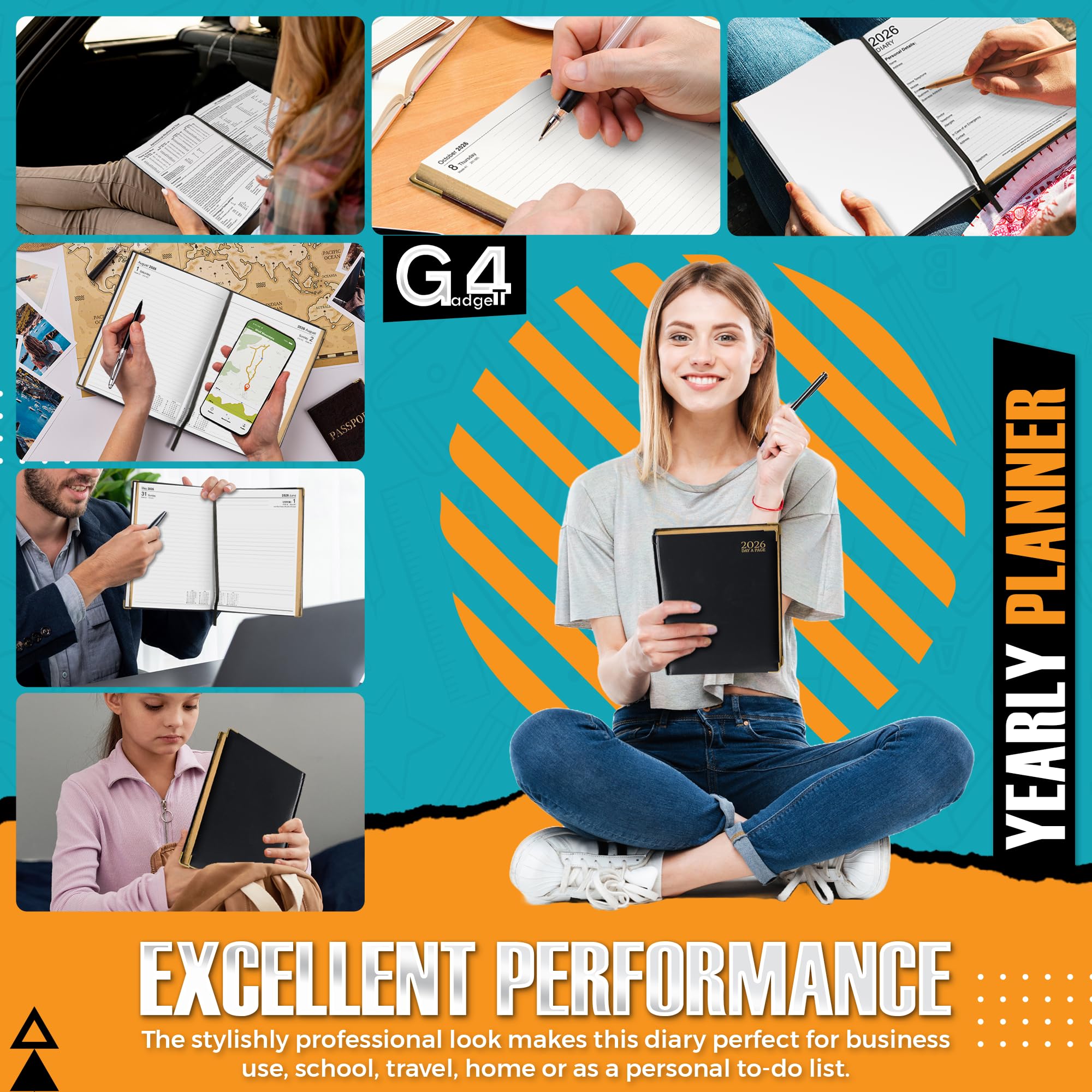G4GADGET 2026 A5 Day a Page Diary - Blue Hardback with Gilt Edges | Ruled Pages 5