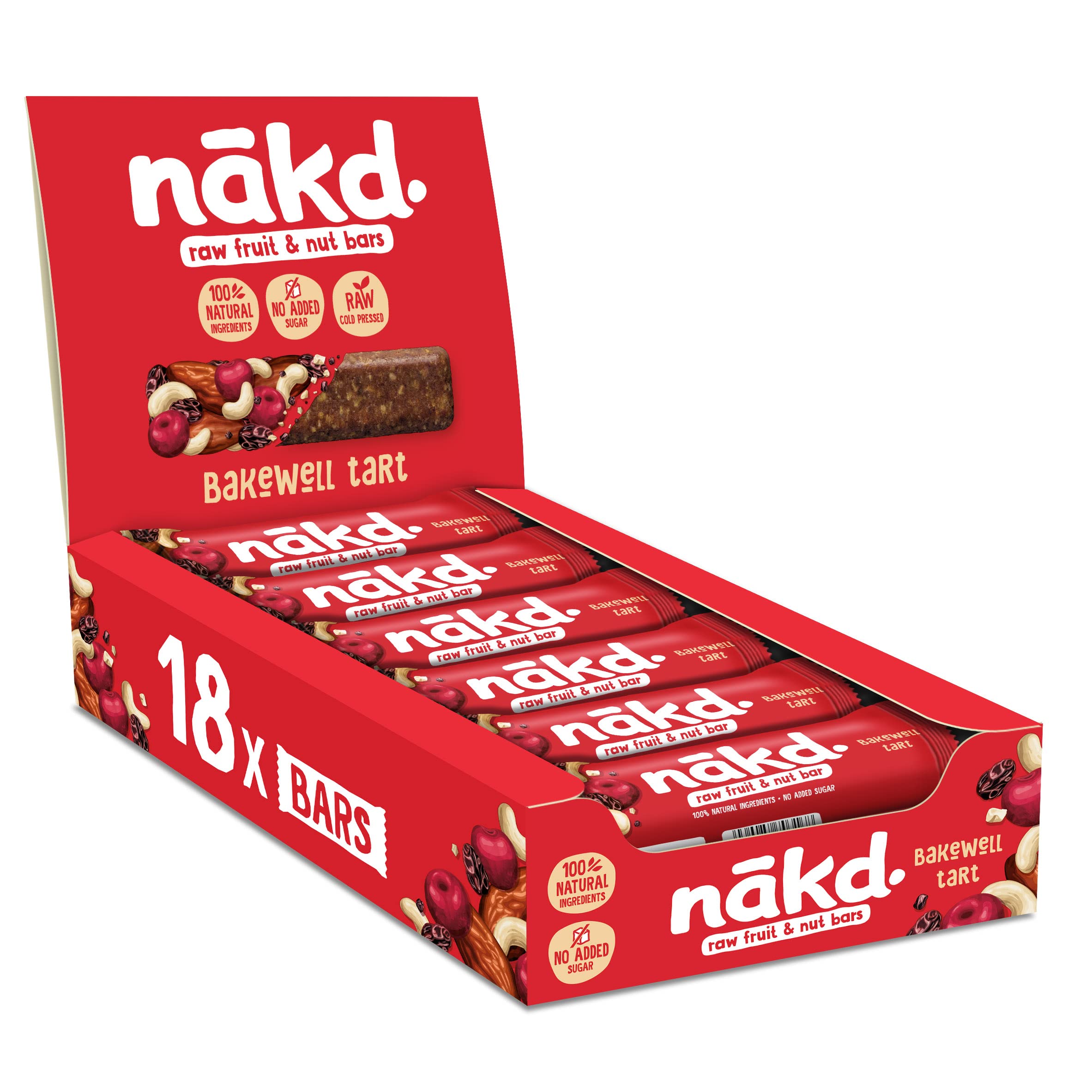 Nakd Bakewell Tart Natural Fruit & Nut Bars - Vegan, Gluten Free, No Added Sugar - 35g x 18