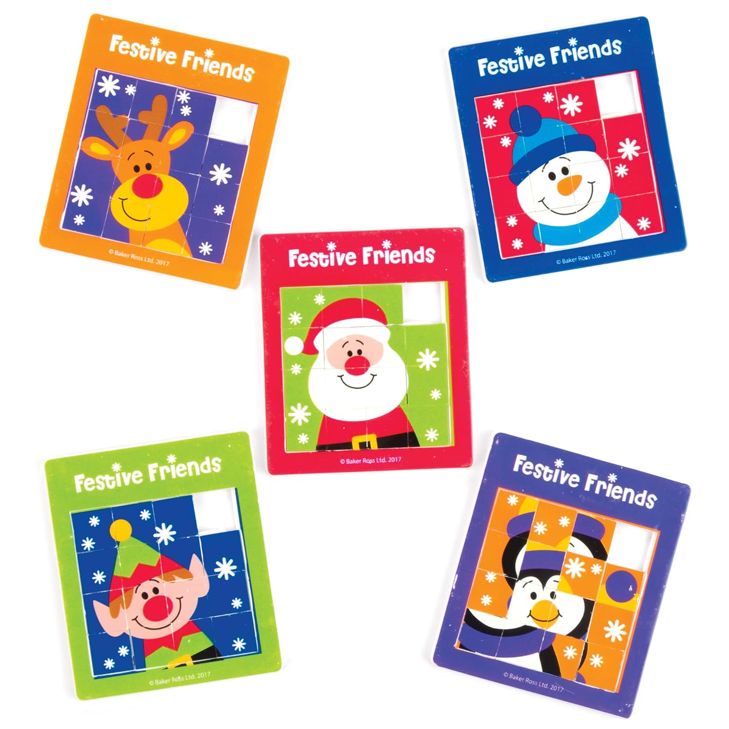 Baker Ross Elf Festive Friends Mini Sliding Puzzle Games - Pack of 5 Christmas Novelty Toys for Kids