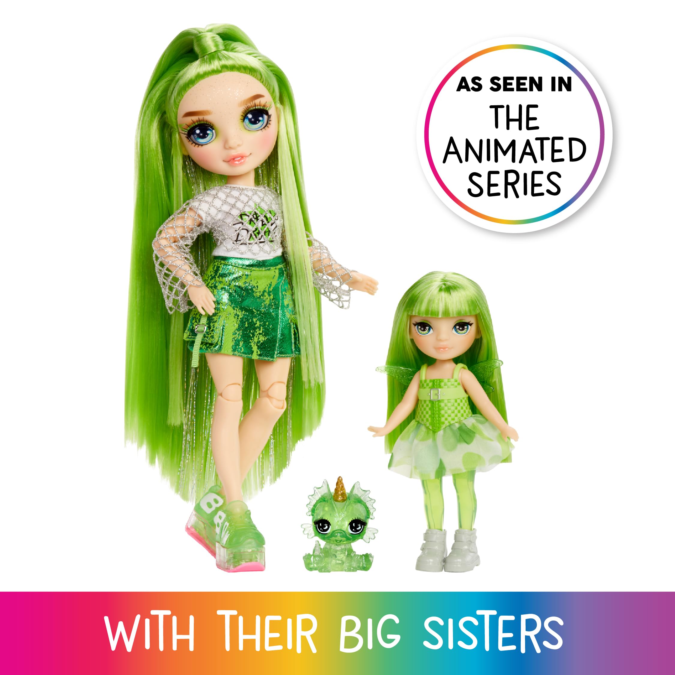 Rainbow High Littles Rainbow Fantasy Fairies & Pet - Emerald Green 14cm Posable Doll with Interchangeable Fairy Wings, Magical Dragon Pet - Ages 3+ 6