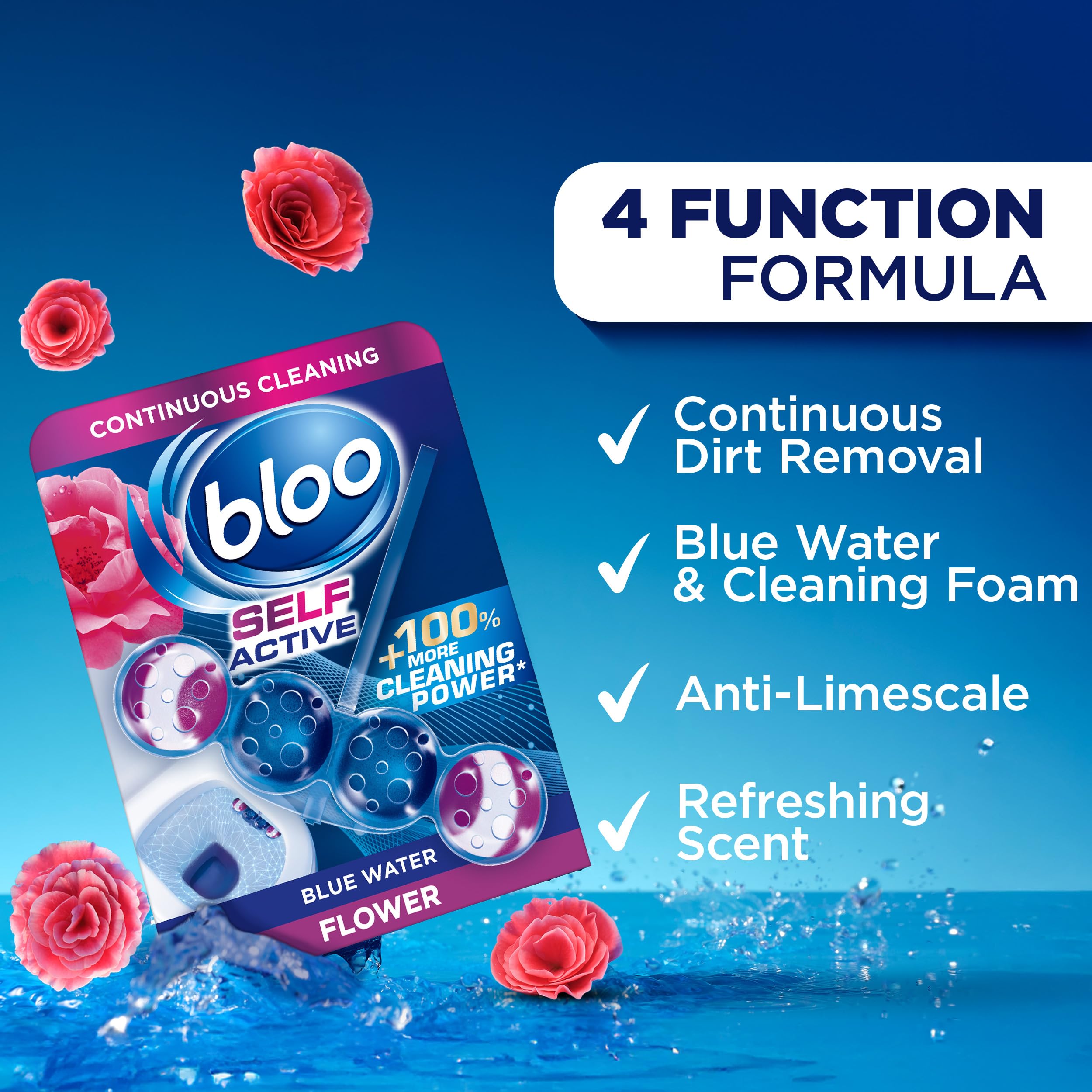 Bloo Self Active Toilet Rim Block Cleaner with Flower Scent, 4-Function Formula, Pack of 3