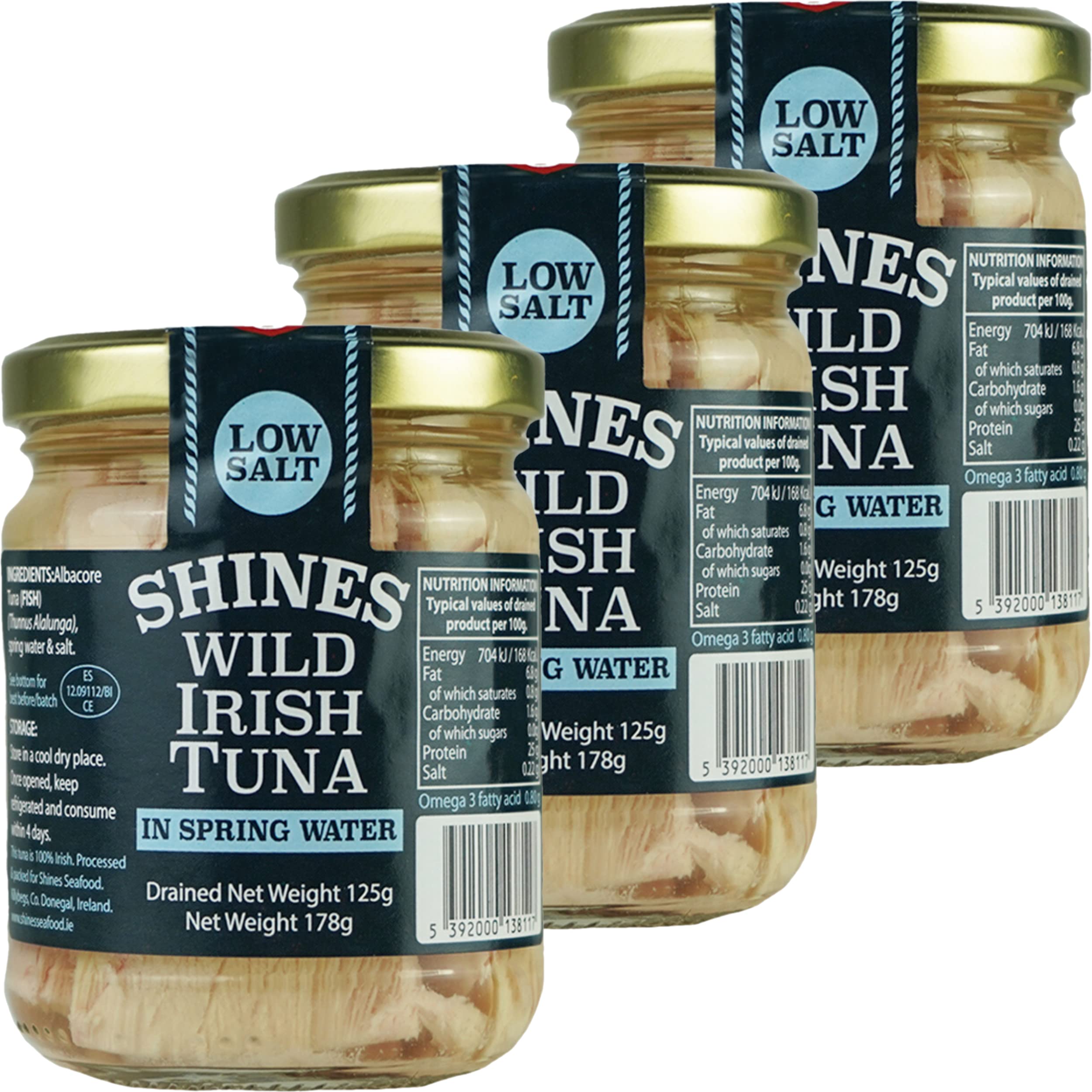 Shines Wild Irish Albacore Tuna in Water - 3 x 185g Glass Jar - Low Carb, High Protein