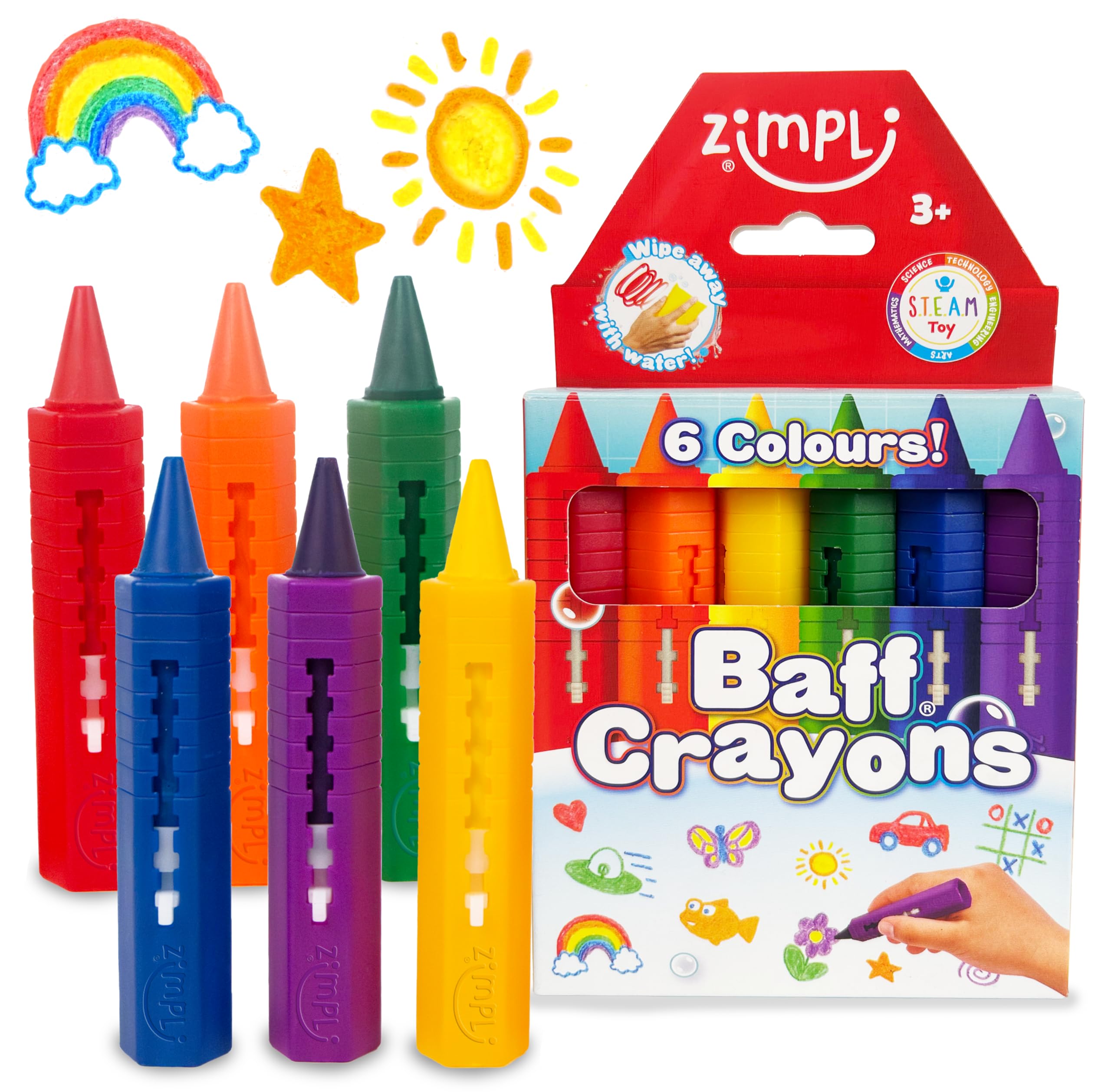 ZIMPLI - 6 Large Washable Bath Crayons for Kids, Creative Bathtime Drawing Fun