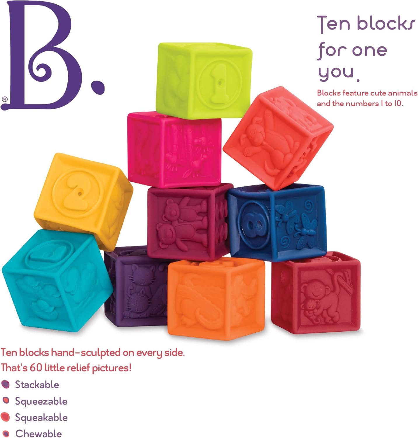 B. Toys One Two Squeeze Baby Blocks - 10 Soft Educational Stacking Blocks for Toddlers 6 Months+ 6