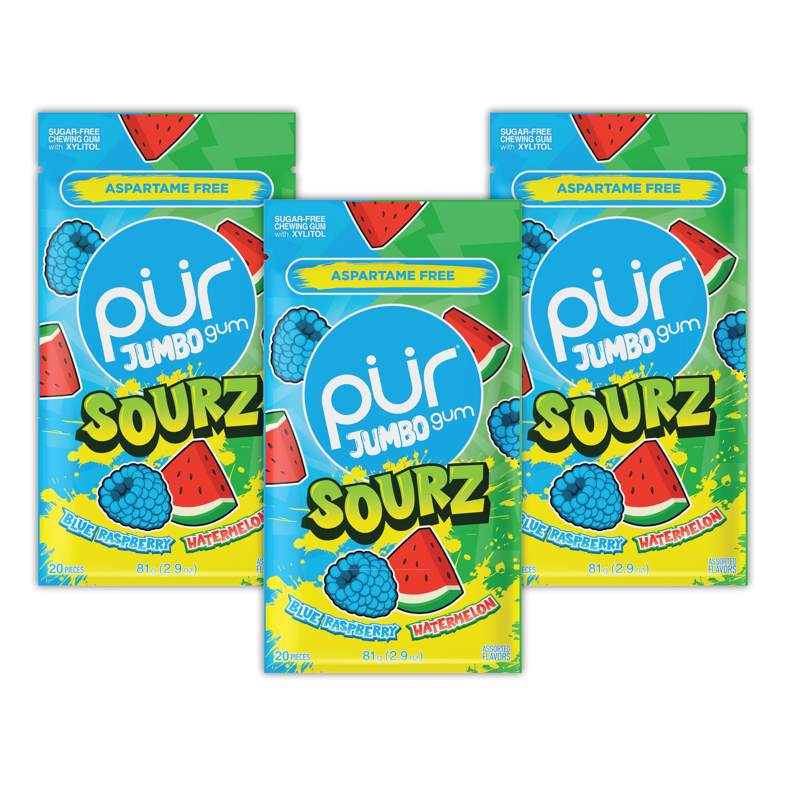 PUR Gum JUMBO SOURZ - Aspartame Free, Xylitol Sweetened Chewing Gum | Blue Raspberry & Watermelon | 20 Count (Pack of 3)