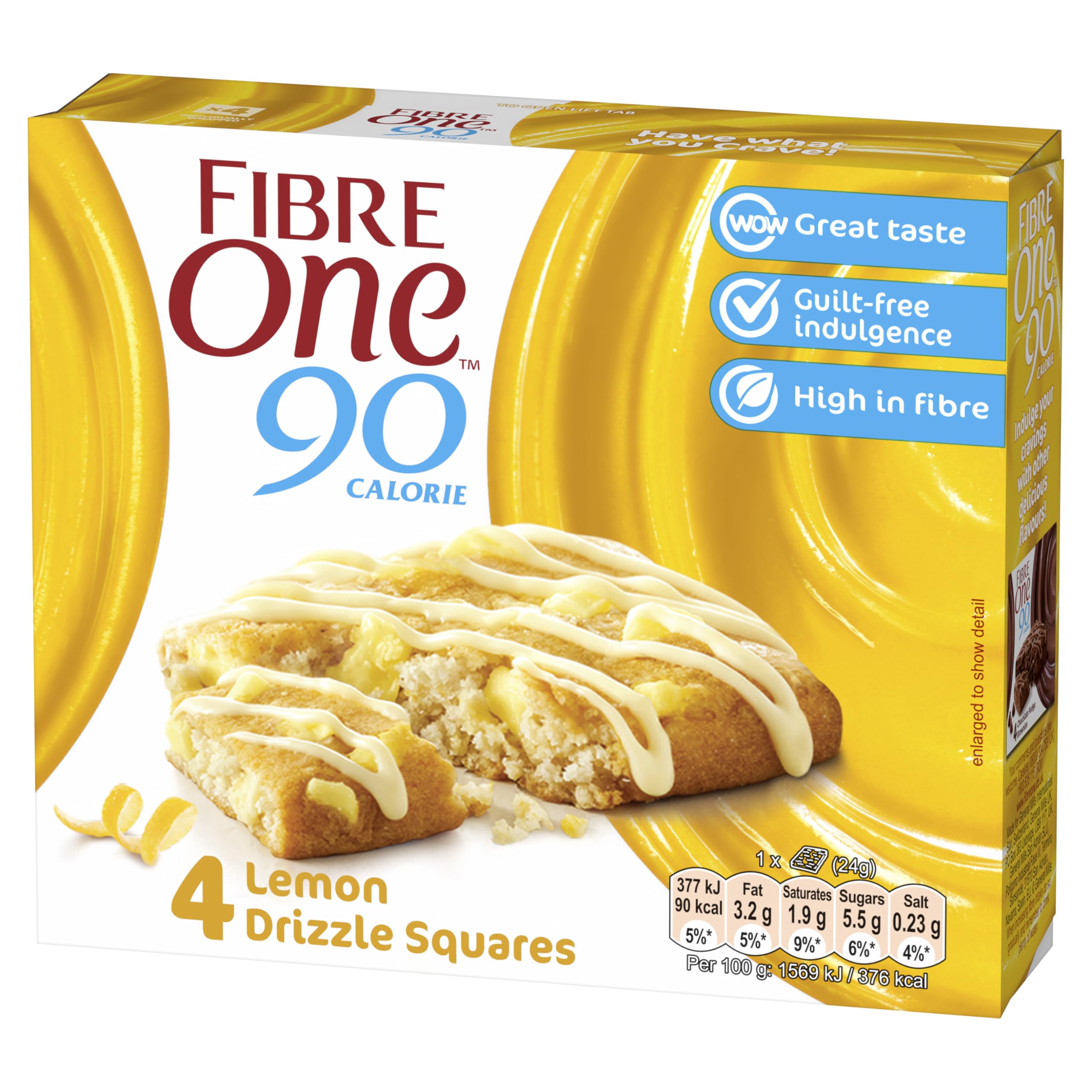 Fiber One 90 Calorie Lemon Drizzle Squares, High Fibre Snack Bar with Lemon Flavour Pieces & Drizzle, 24g (Pack of 7)
