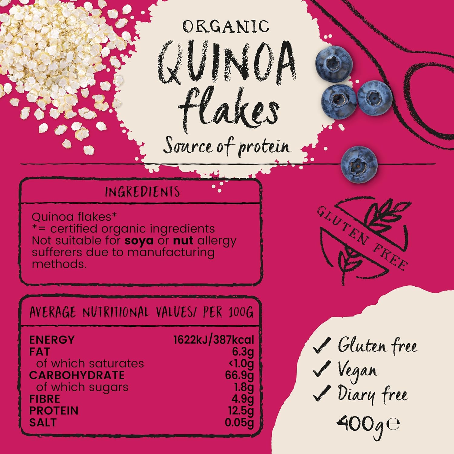 Amisa Organic Gluten Free Quinoa Flakes, 400g - Certified Organic & Gluten-Free Whole Grain Cereal
