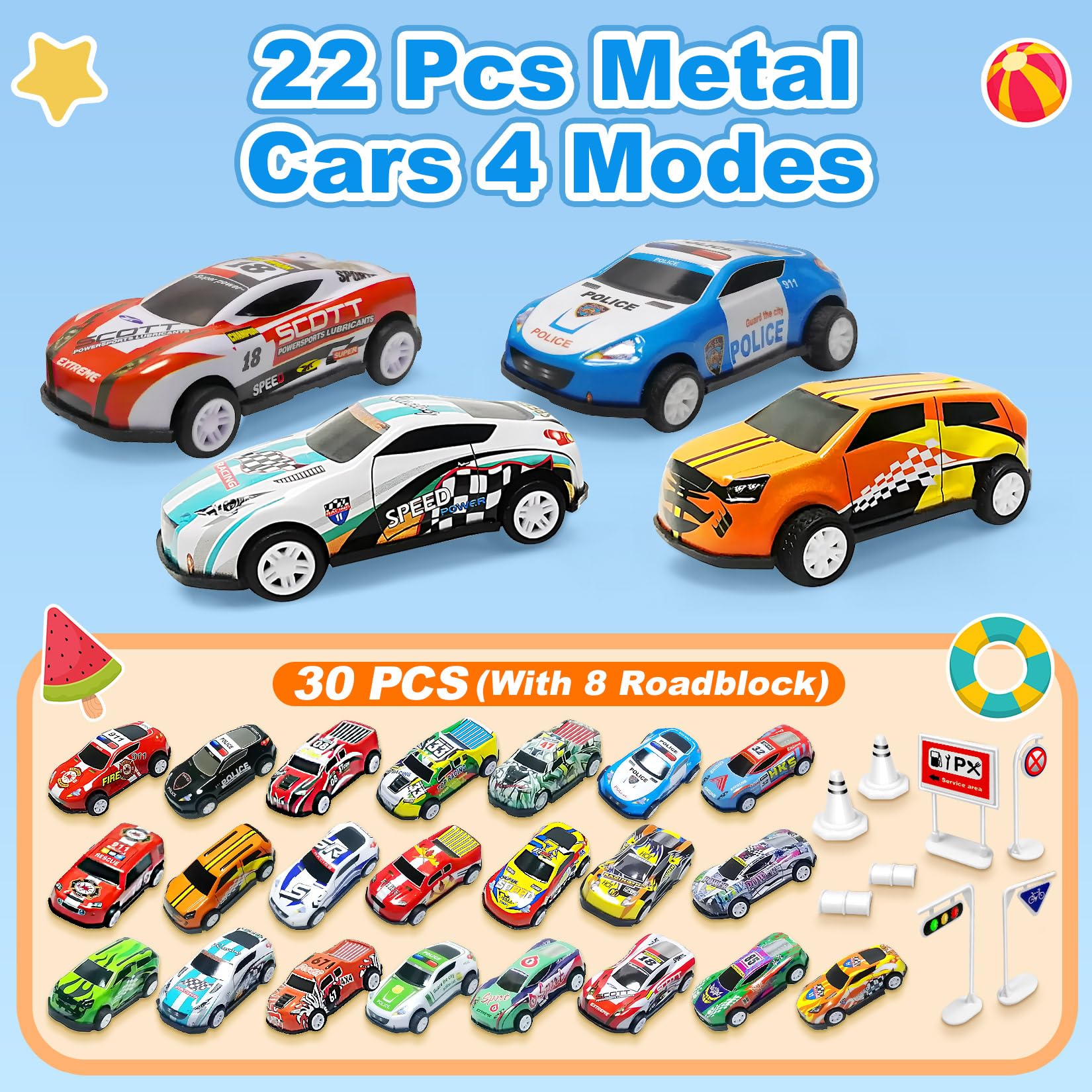 TOYABI Metal Pull Back Race Car Set - 22Pcs Mini Cars with 8 Roadblocks for Kids 3+ 6