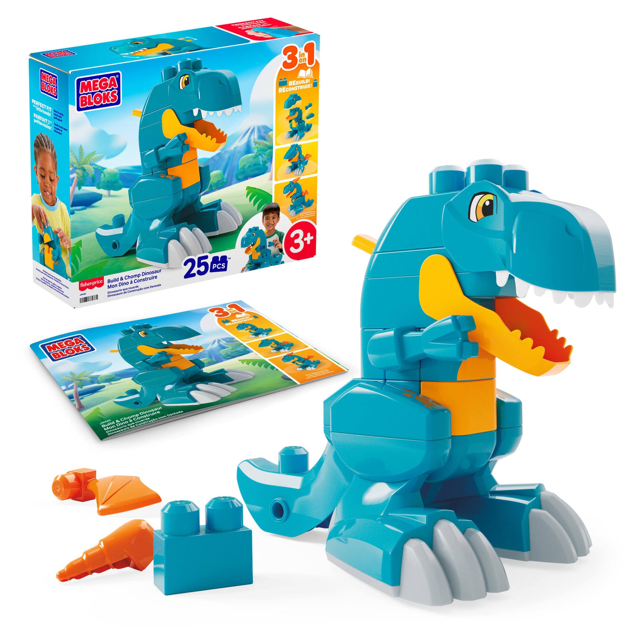 Mega Bloks Fisher-Price 3-in-1 Build & Chomp Dinosaur T-Rex Block Toy | Ages 3Y+