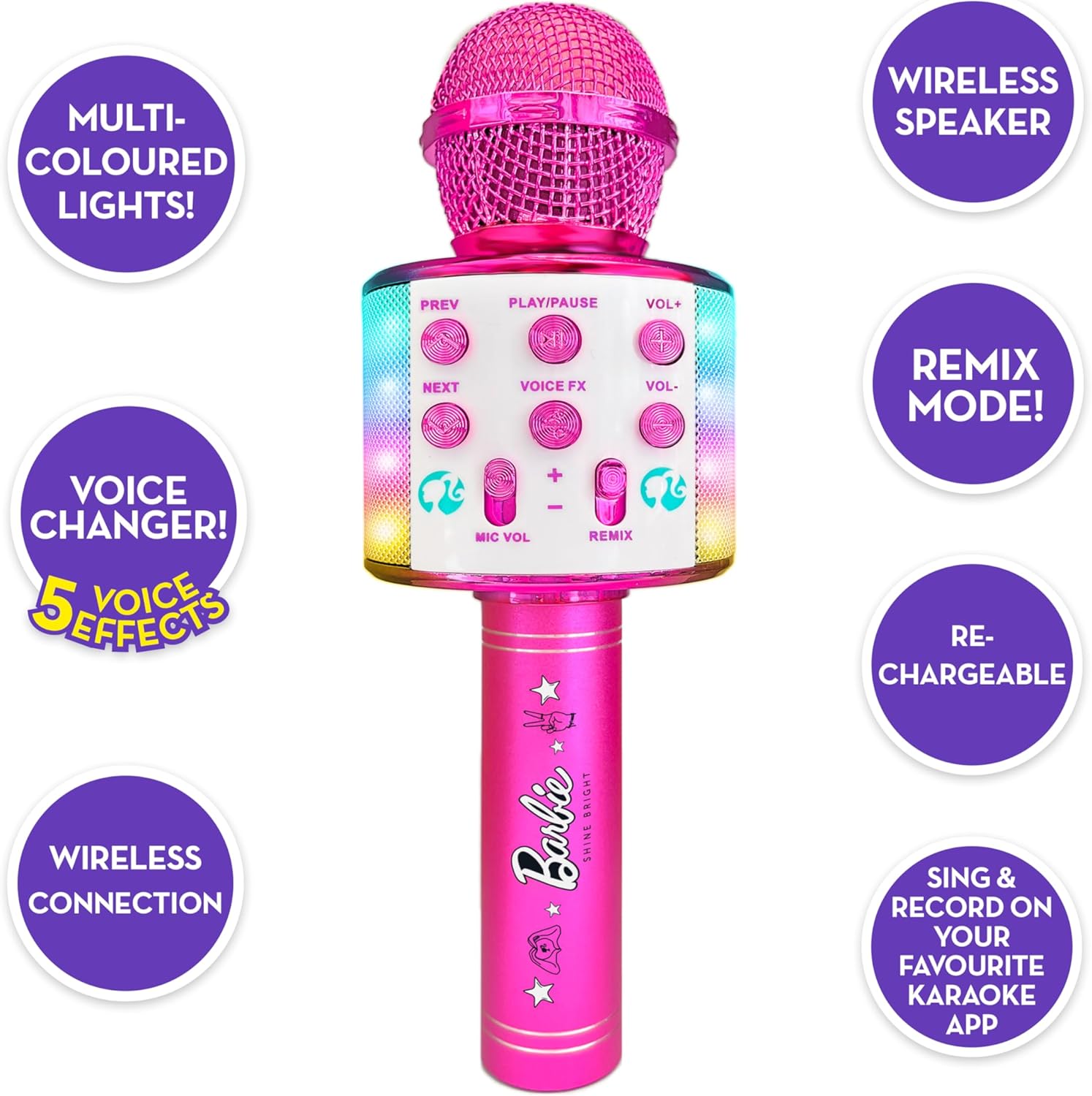 Barbie Bright Voicemaster Microphone - Wireless Karaoke Mic with Voice Changer & Lights 4