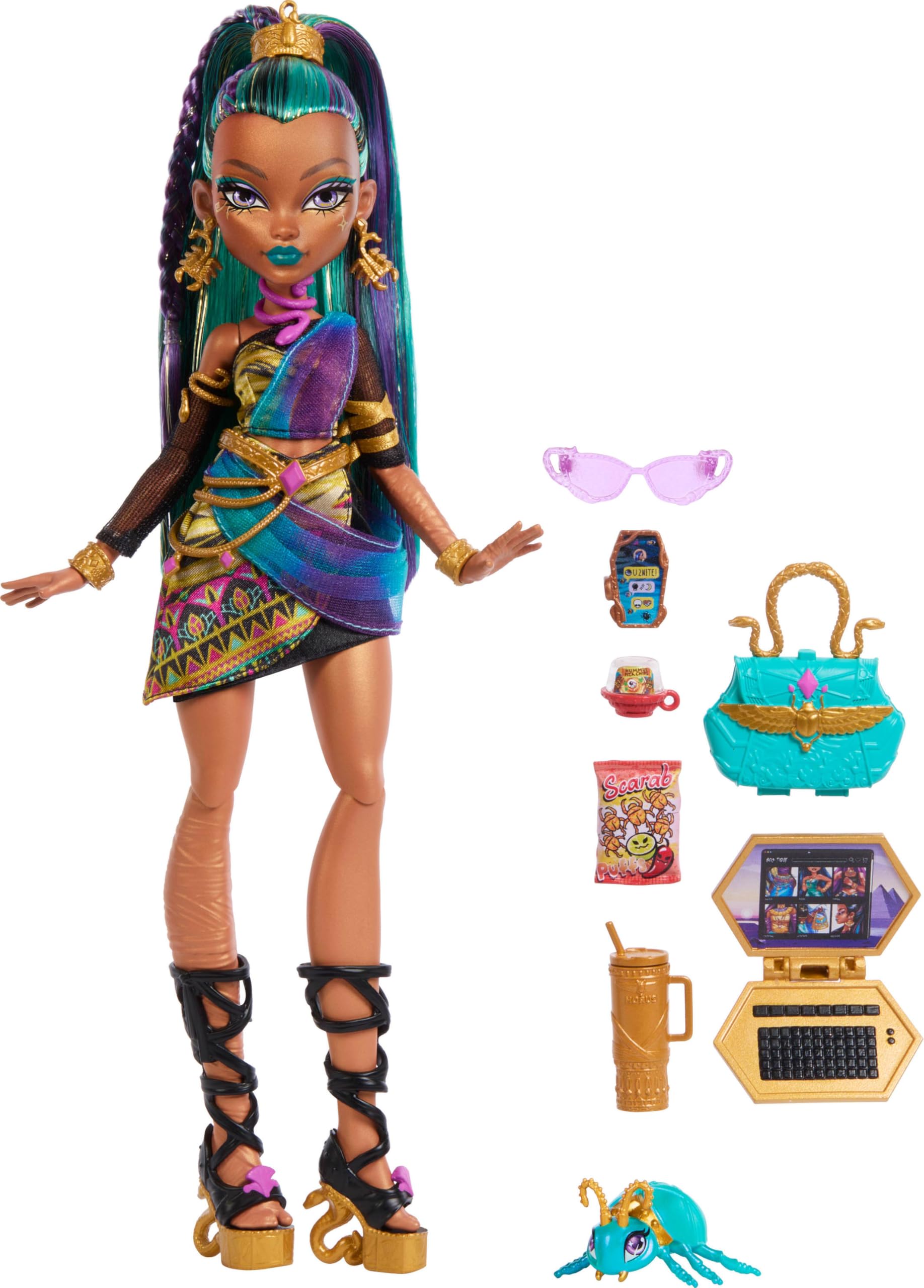 Monster High Nefera De Nile Doll, Royal Mummy in Dress with Pet Scarab Lavi 4