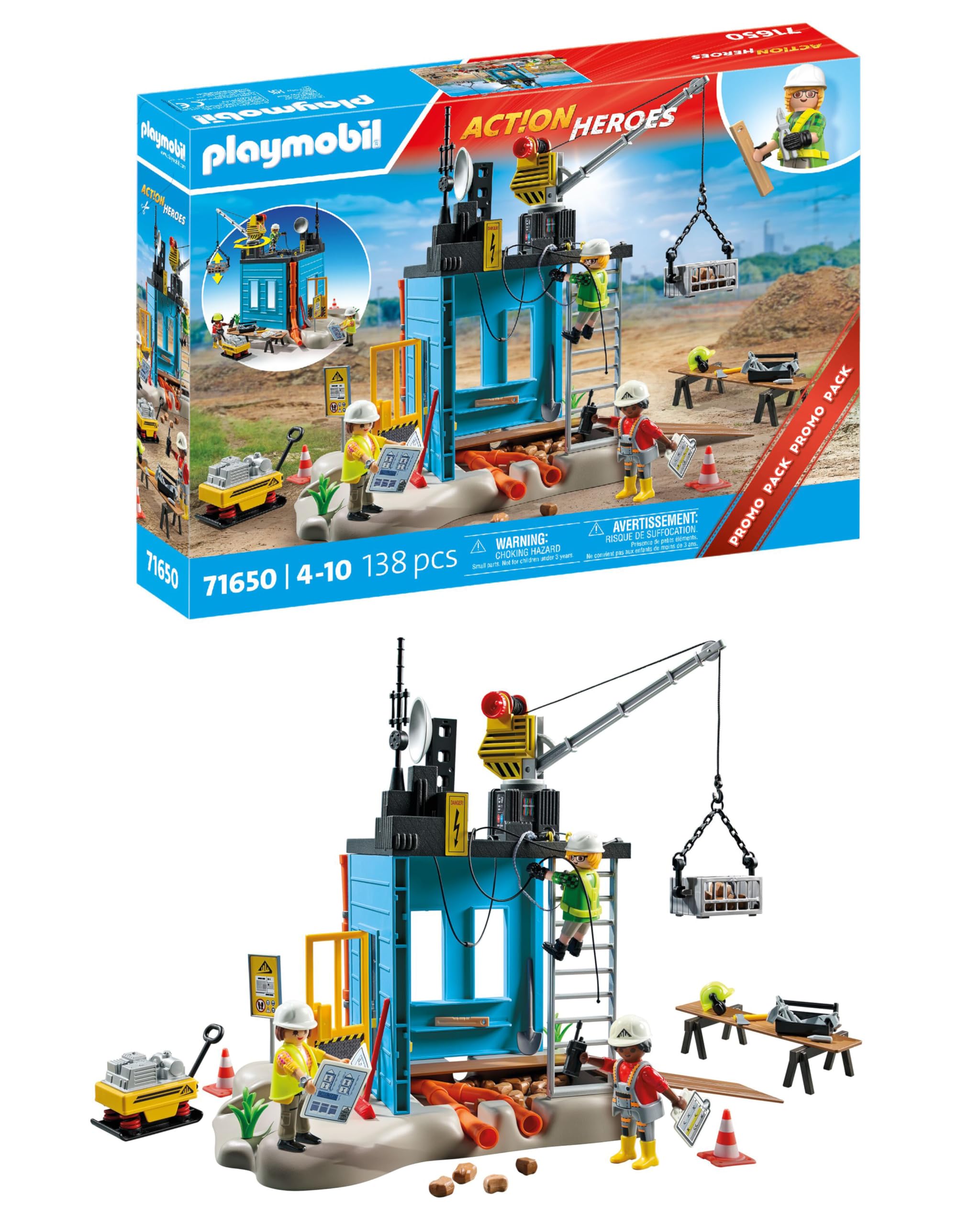 Playmobil 71650 Action Heroes: Construction Site Promo Pack - Building Playset for Kids 4+
